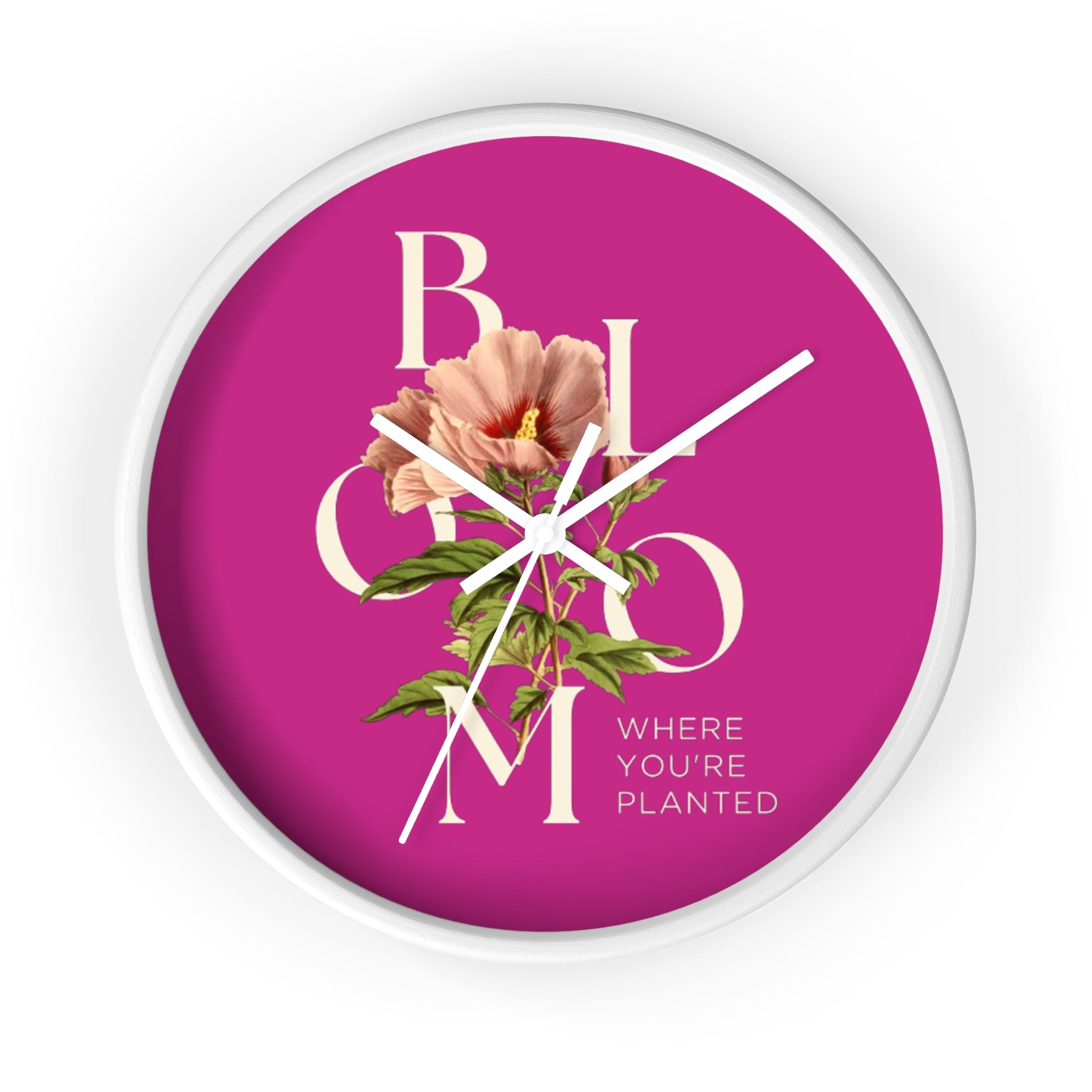 Pink Floral Wall Clock: Bloom Where You’re Planted, Home Decor, Gifts for Plant Lovers, Motivational Wall Art, Modern Timepiece, Flower Design