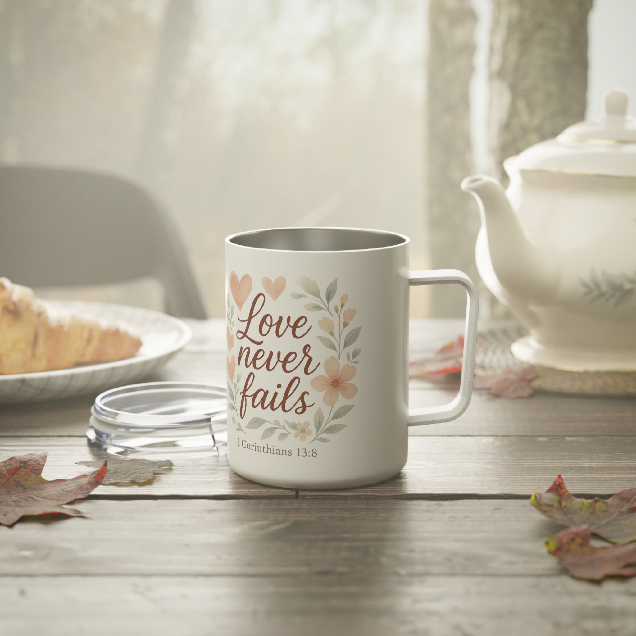 Floral Insulated Coffee Mug | Love Never Fails, Bible Verse Gift, Unique Wedding Favor, Home & Office Coffee Cup, Inspirational Drinkware