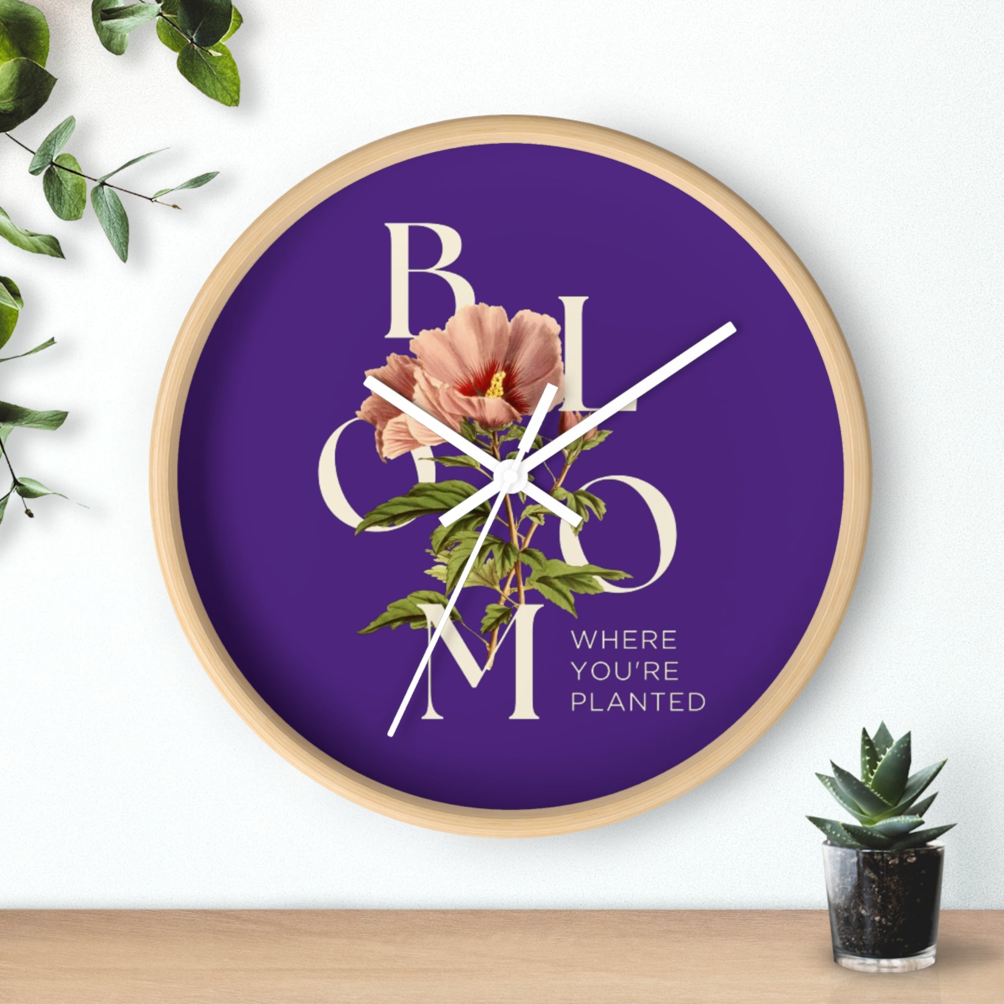Purple Floral Wall Clock: Bloom Where You’re Planted, Home Decor, Gifts for Plant Lovers, Motivational Wall Art, Modern Timepiece, Flower Design