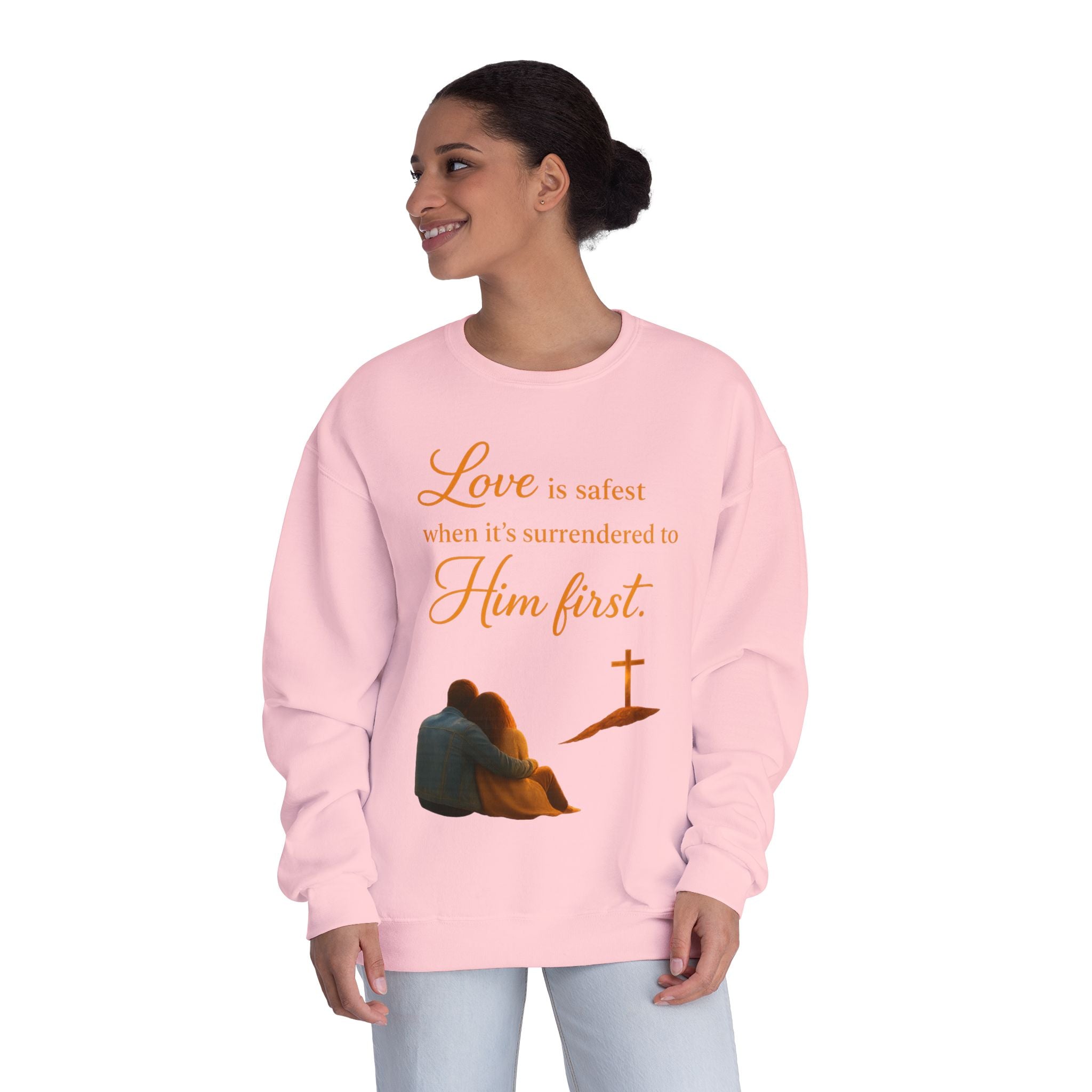 Christian Crewneck Sweatshirt – “Love is safest when it’s surrendered to Him first” Inspirational Faith Pullover