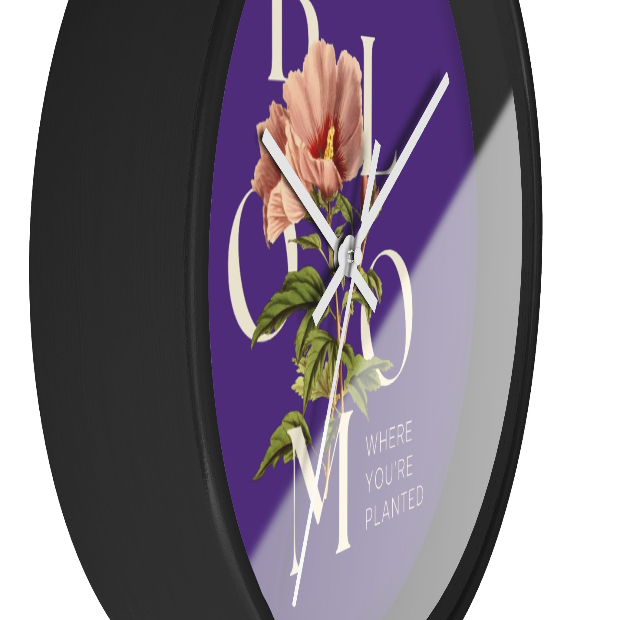 Purple Floral Wall Clock: Bloom Where You’re Planted, Home Decor, Gifts for Plant Lovers, Motivational Wall Art, Modern Timepiece, Flower Design