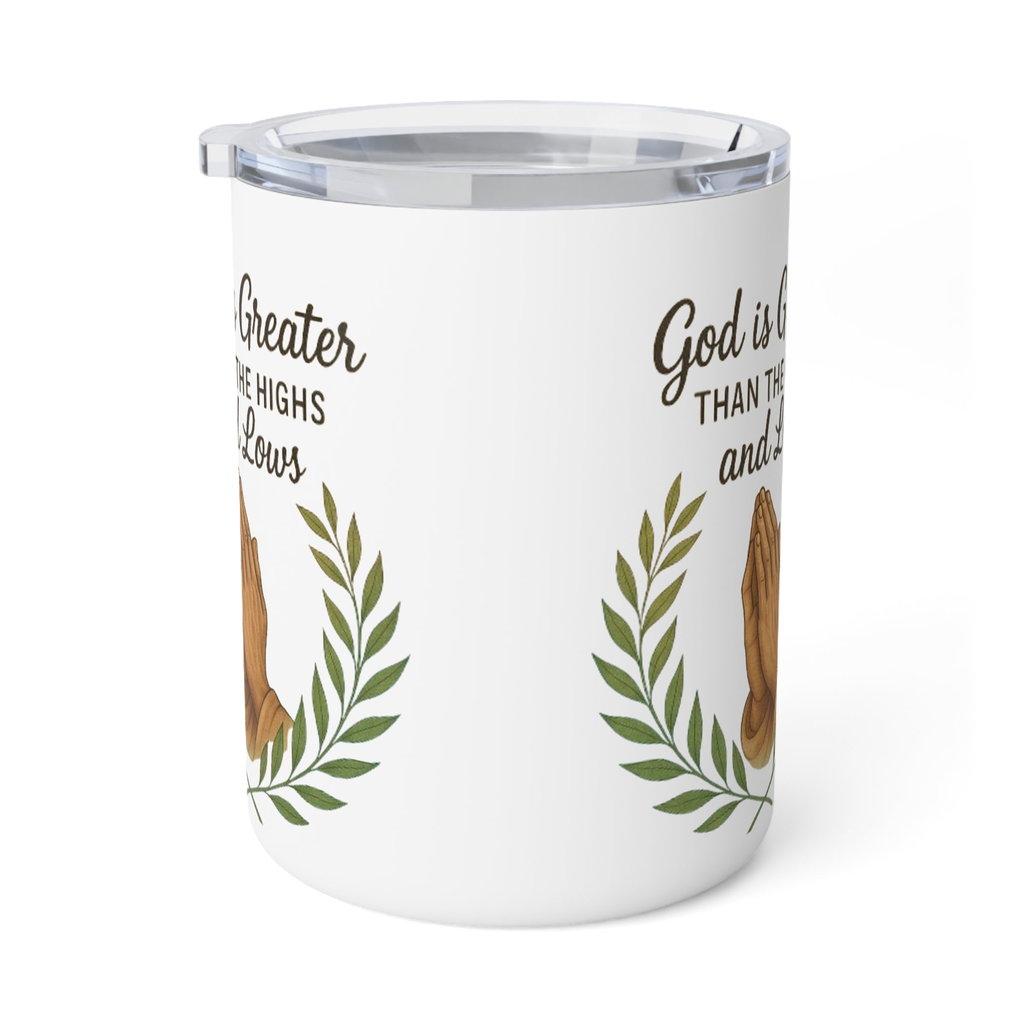 Inspirational coffee mug close-up showing faith quote design