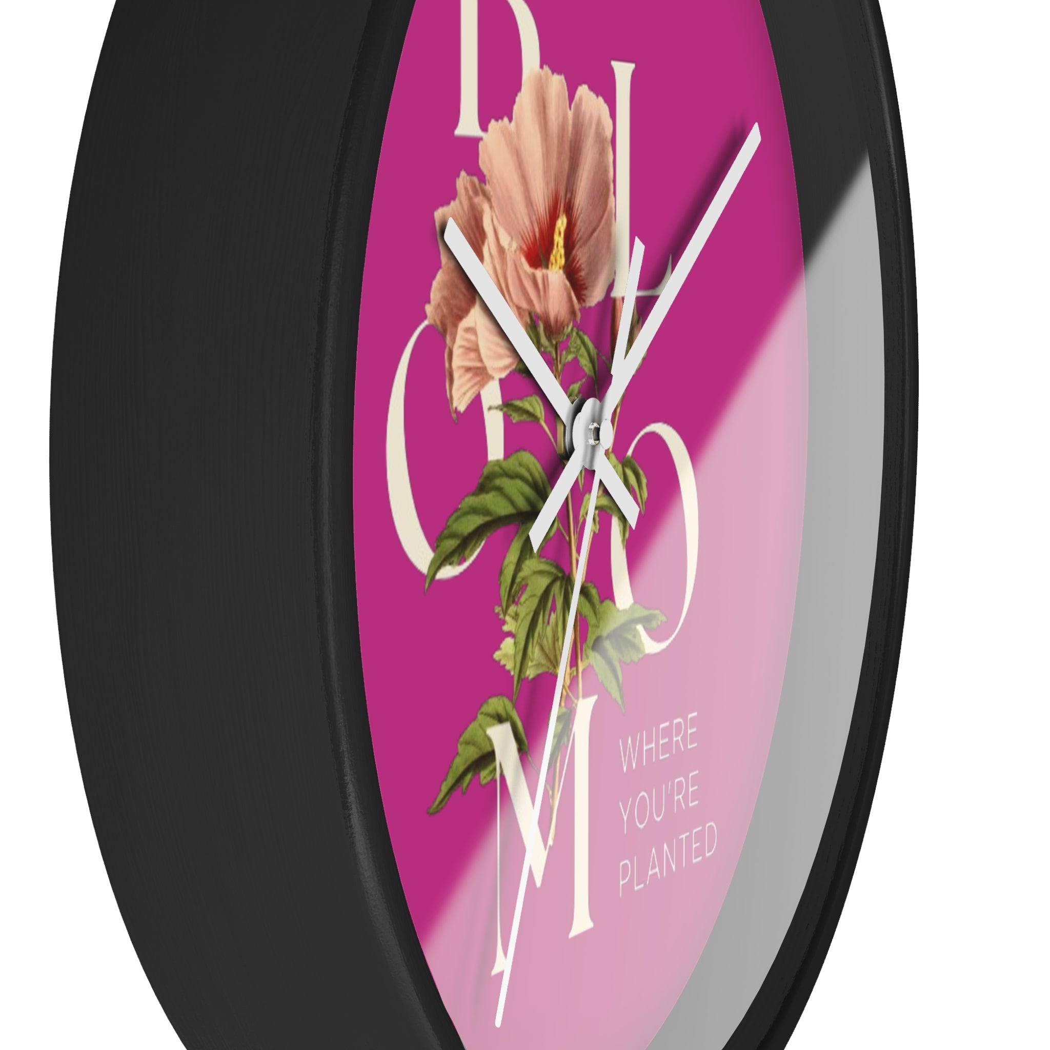 Pink Floral Wall Clock: Bloom Where You’re Planted, Home Decor, Gifts for Plant Lovers, Motivational Wall Art, Modern Timepiece, Flower Design