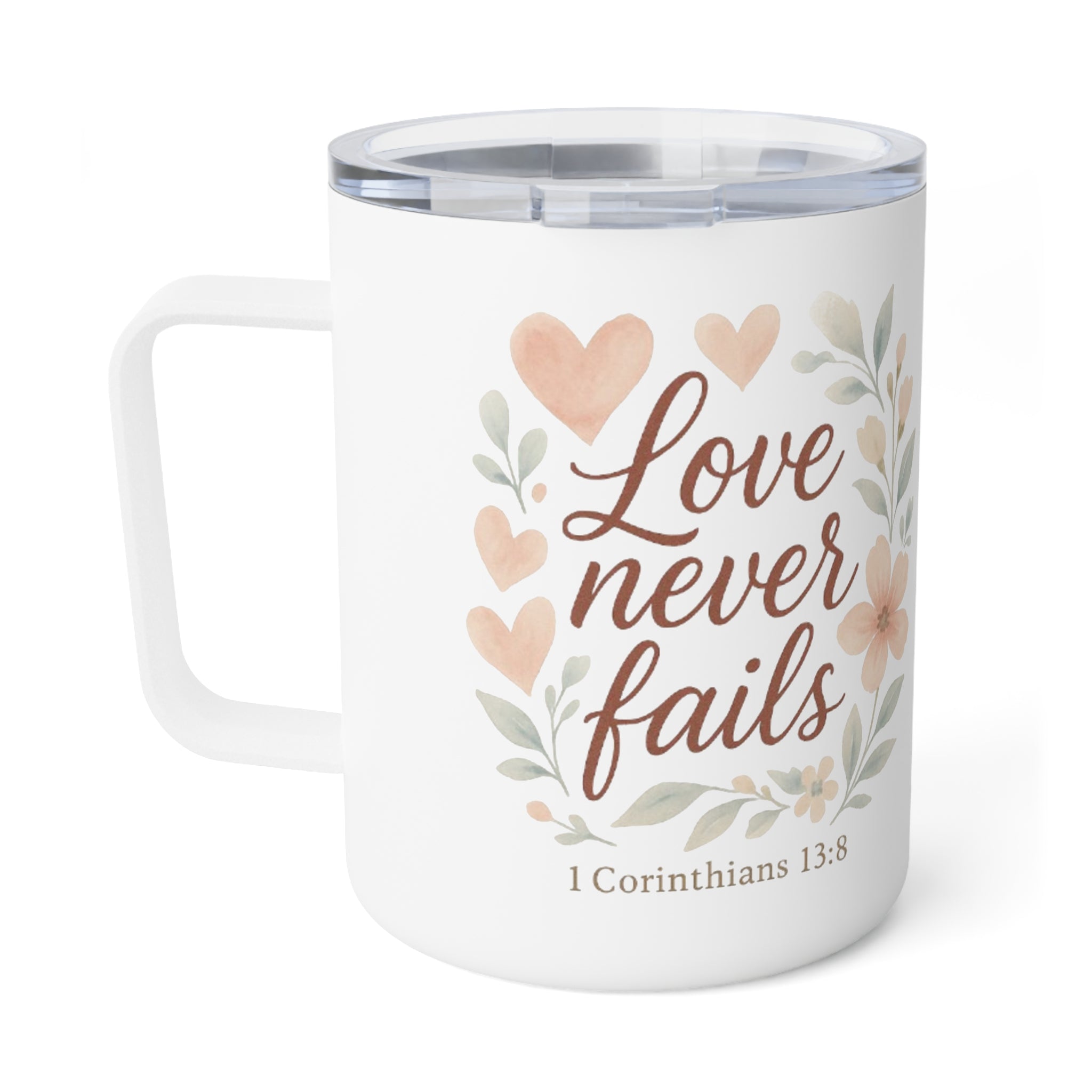 Floral Insulated Coffee Mug | Love Never Fails, Bible Verse Gift, Unique Wedding Favor, Home & Office Coffee Cup, Inspirational Drinkware