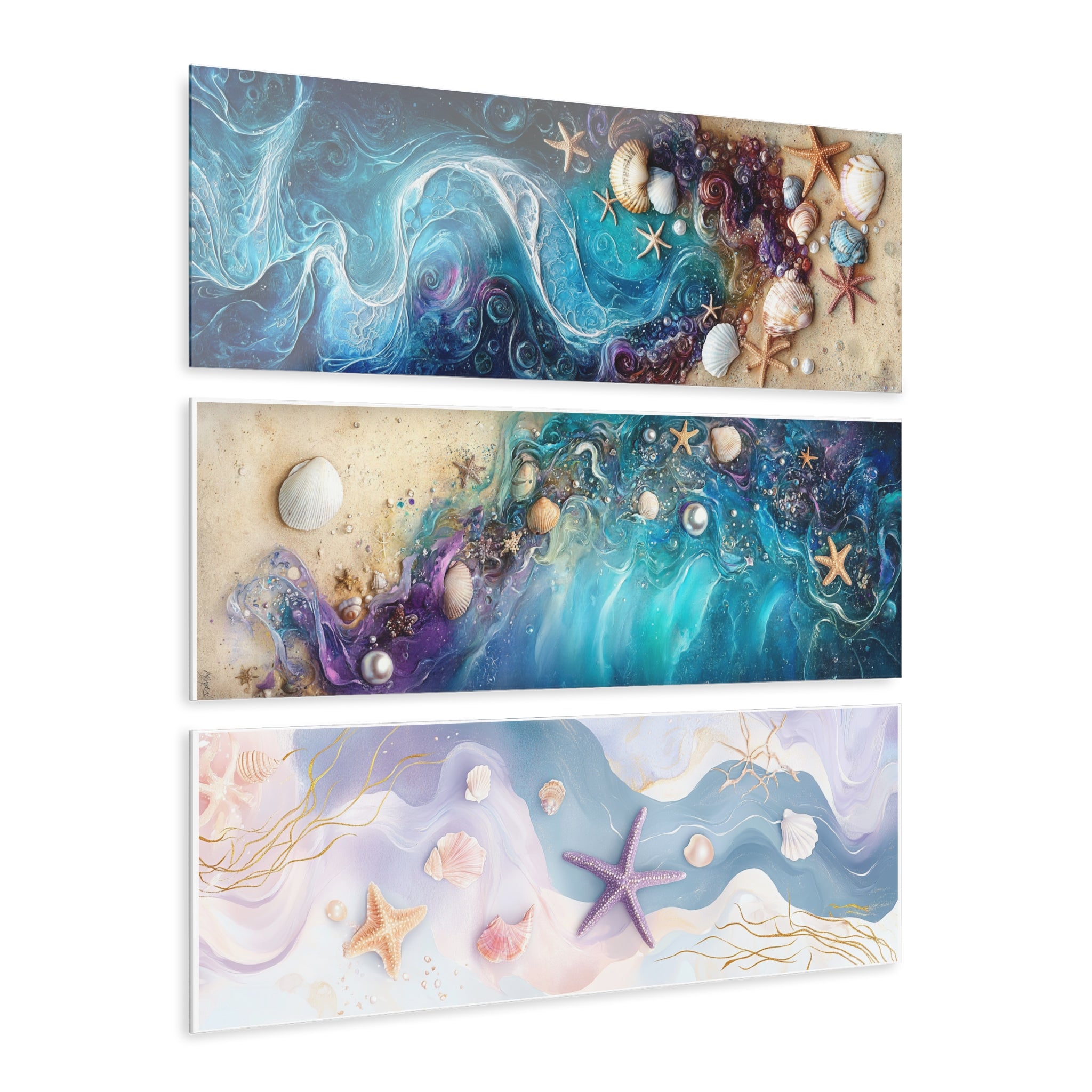 Coastal Triptych Acrylic Prints - Beach Shells & Ocean Vibes Decor