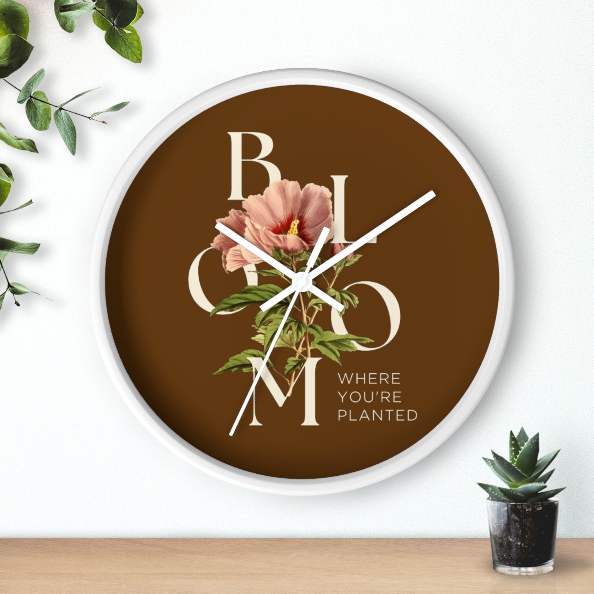 Brown Floral Wall Clock: Bloom Where You’re Planted, Home Decor, Gifts for Plant Lovers, Motivational Wall Art, Modern Timepiece, Flower Design