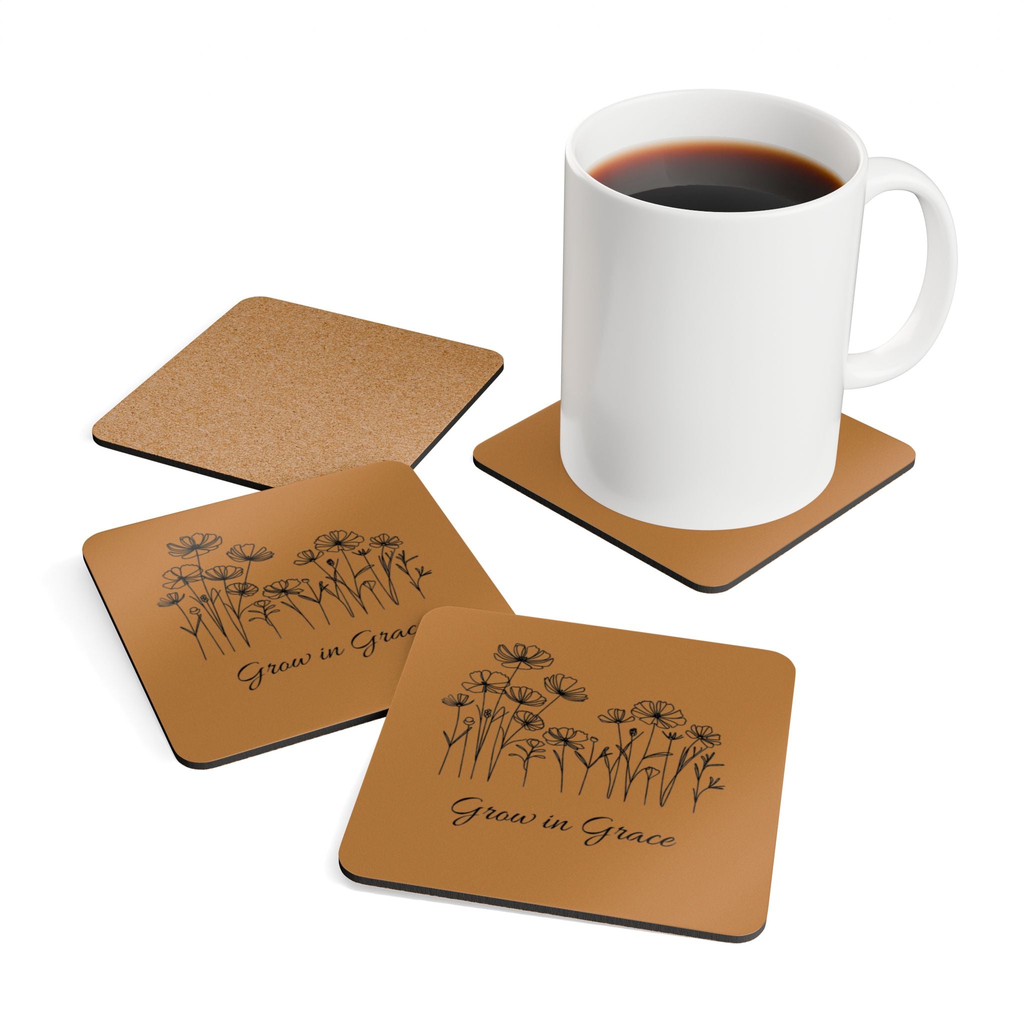 Corkwood Coaster Set, Floral Home Decor, Eco-Friendly Drink Coasters, Gift for Moms, Inspirational Kitchen Accessories