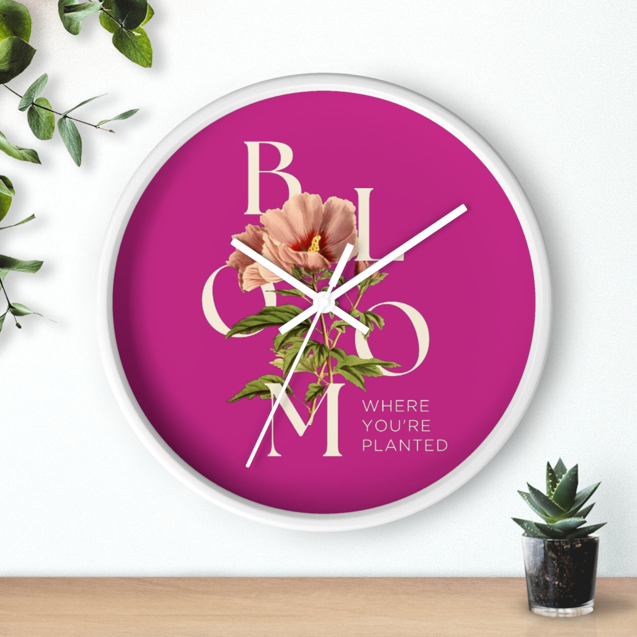 Pink Floral Wall Clock: Bloom Where You’re Planted, Home Decor, Gifts for Plant Lovers, Motivational Wall Art, Modern Timepiece, Flower Design
