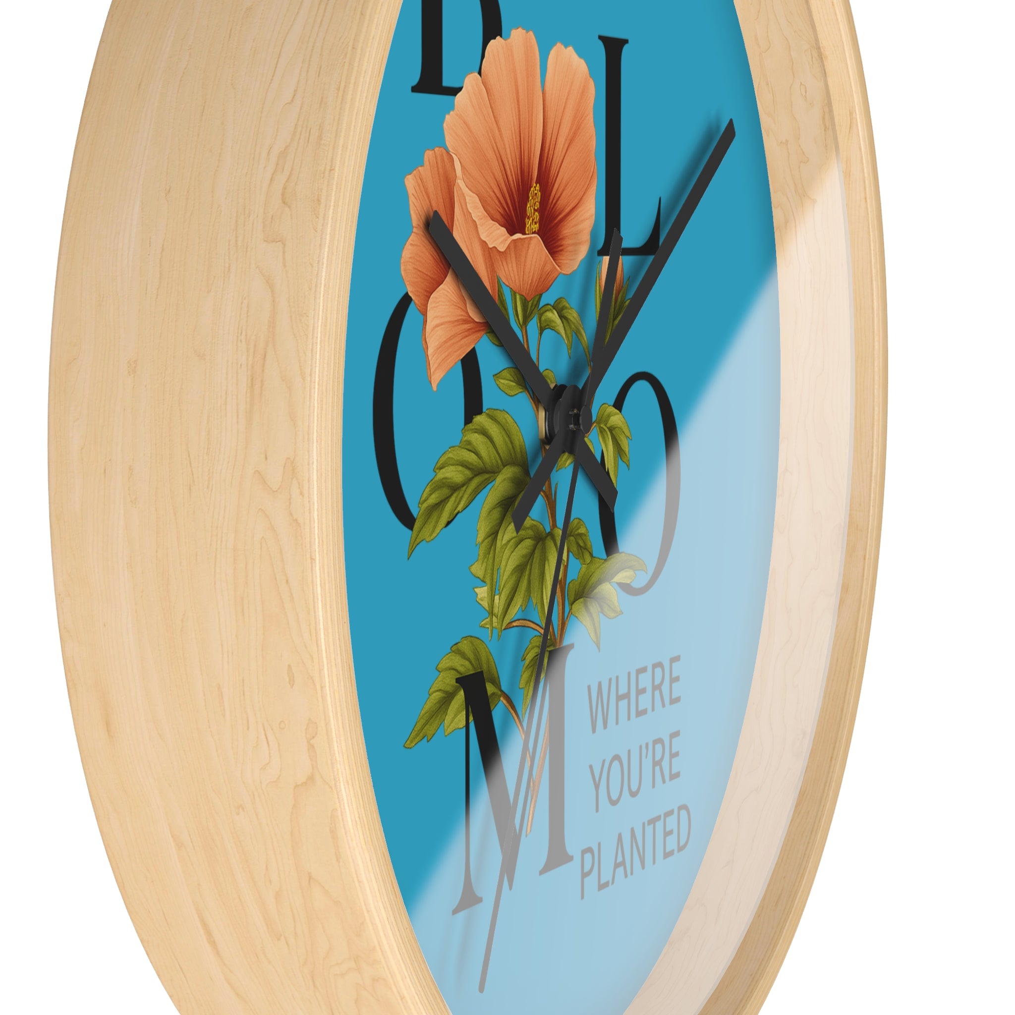 Turquoise Bloom Where You're Planted Wall Clock, Floral Home Decor, Botanical Gift, Inspirational Wall Art, Modern Timepiece