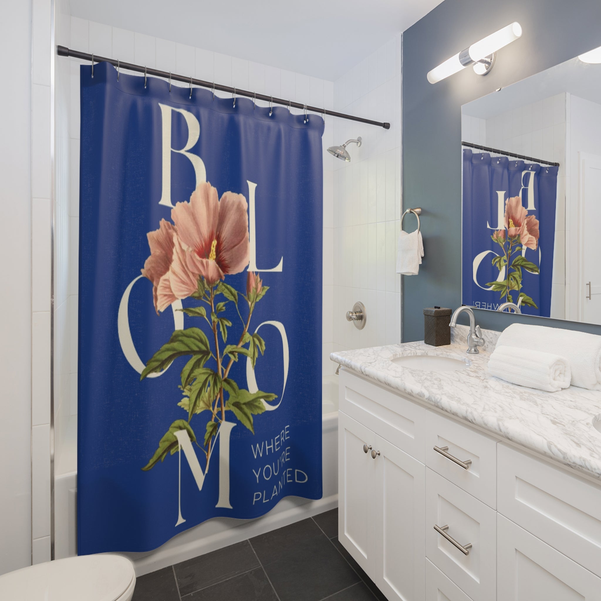 Blue Bloom Where You're Planted Shower Curtain, Floral Bathroom Decor, Boho Home Decor, Gift for Flower Lovers, Unique Bathroom Makeover