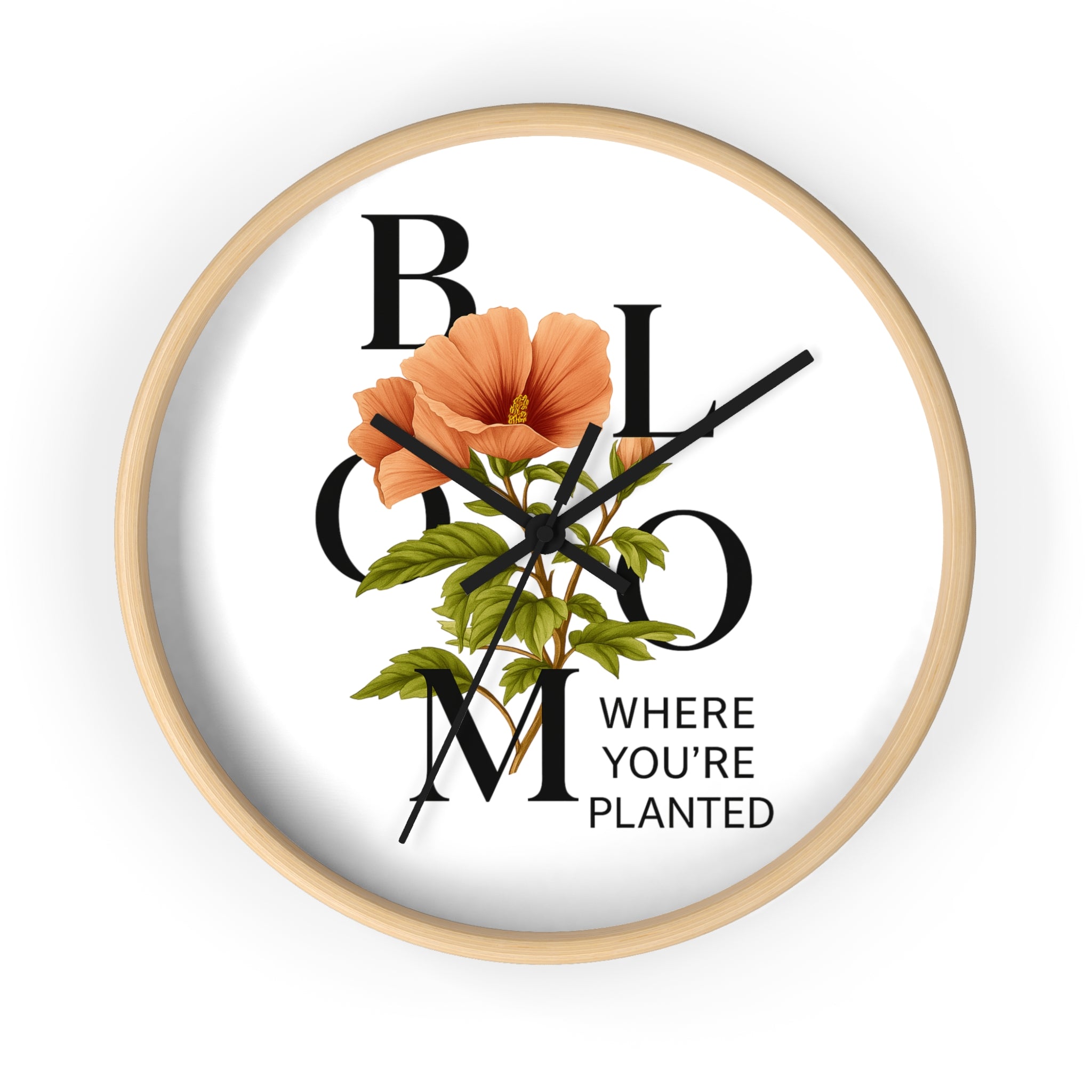 Bloom Where You're Planted Wall Clock, Floral Home Decor, Botanical Gift, Inspirational Wall Art, Modern Timepiece