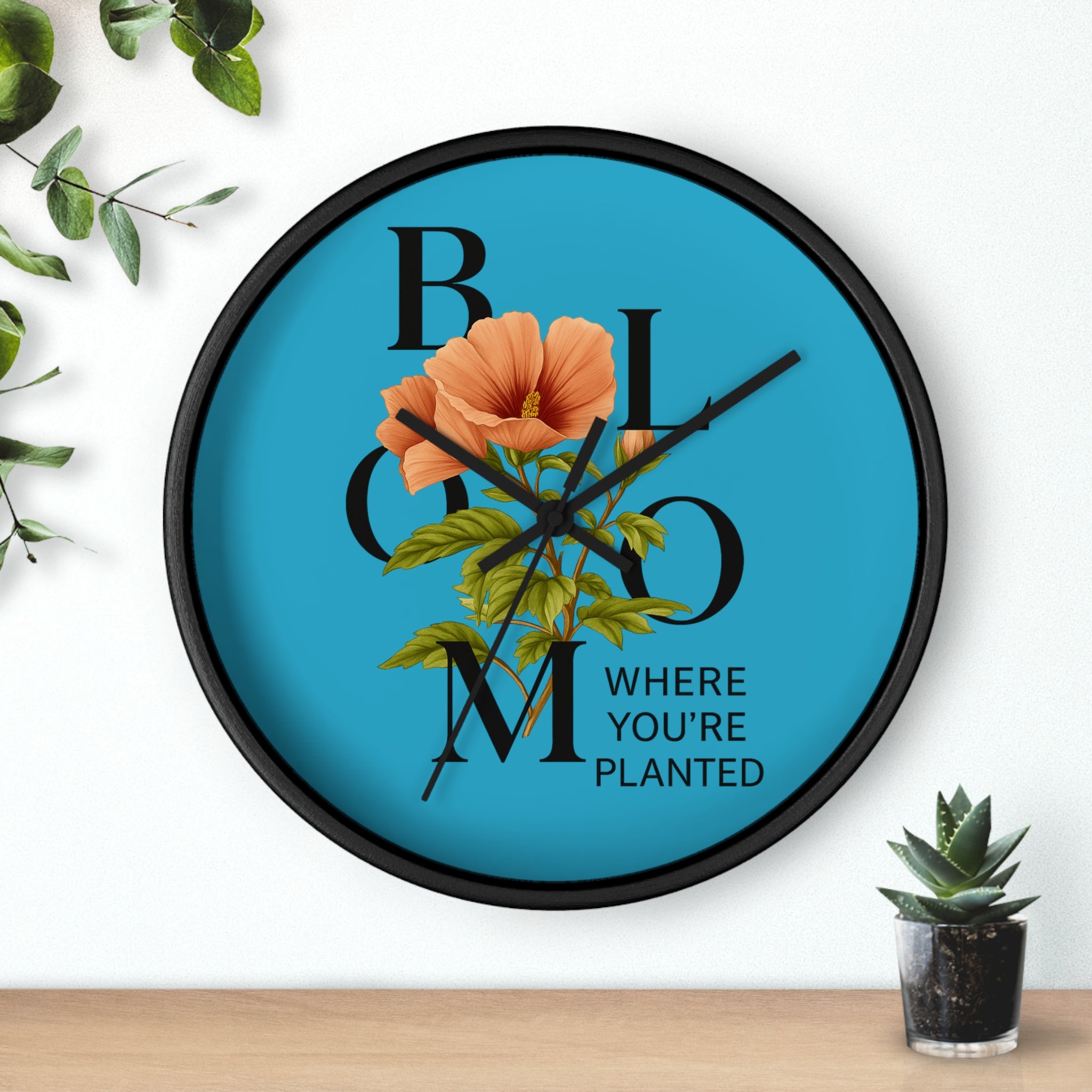 Turquoise Bloom Where You're Planted Wall Clock, Floral Home Decor, Botanical Gift, Inspirational Wall Art, Modern Timepiece
