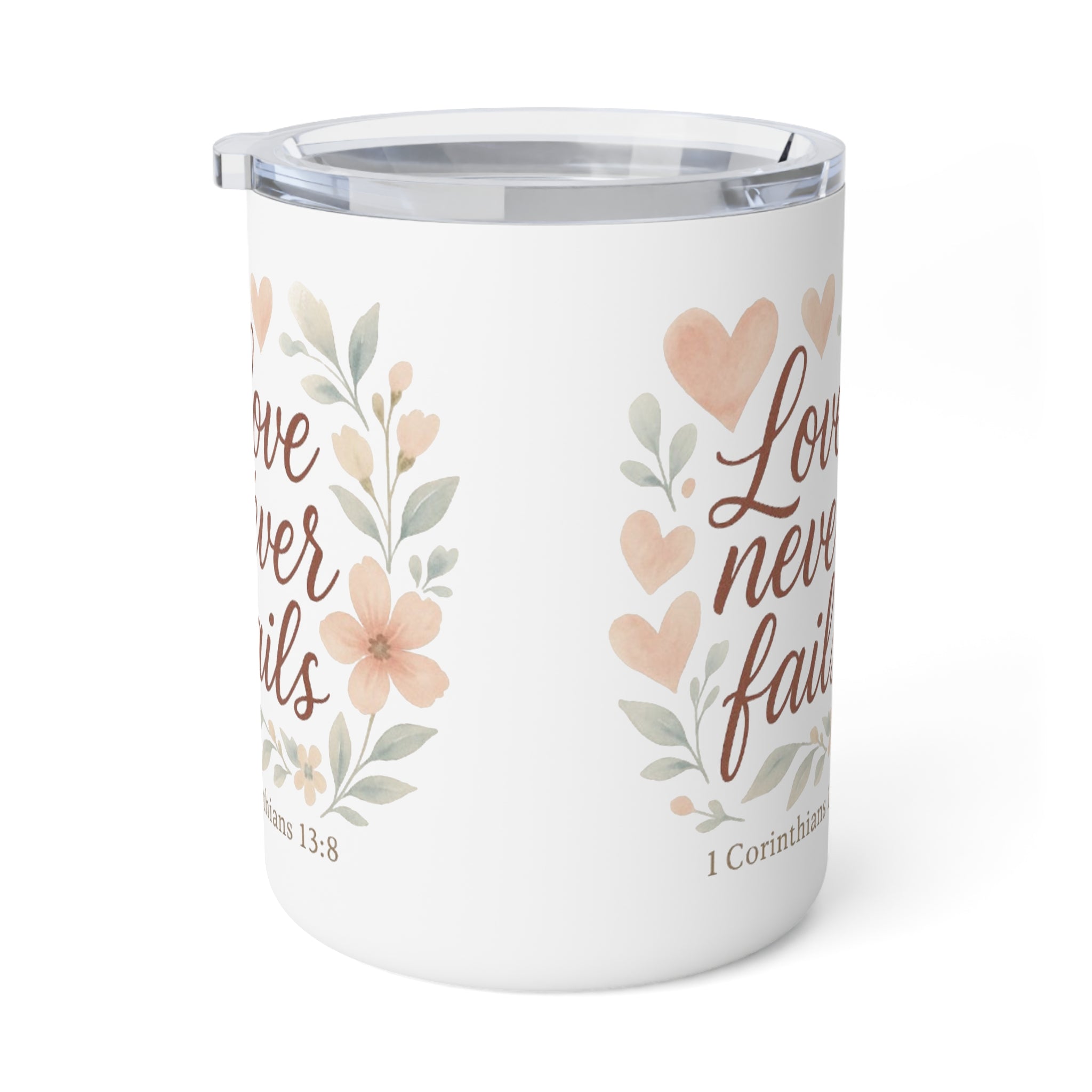 Floral Insulated Coffee Mug | Love Never Fails, Bible Verse Gift, Unique Wedding Favor, Home & Office Coffee Cup, Inspirational Drinkware