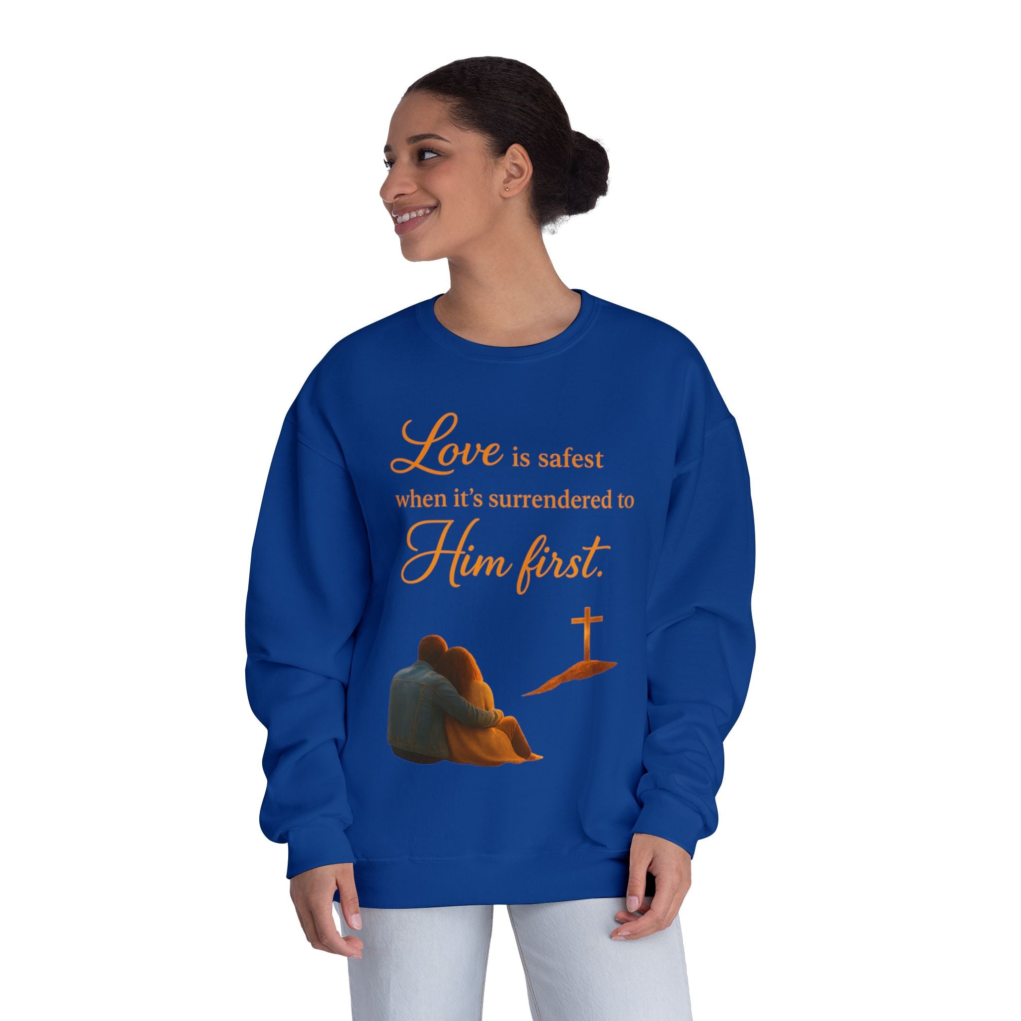 Christian Crewneck Sweatshirt – “Love is safest when it’s surrendered to Him first” Inspirational Faith Pullover