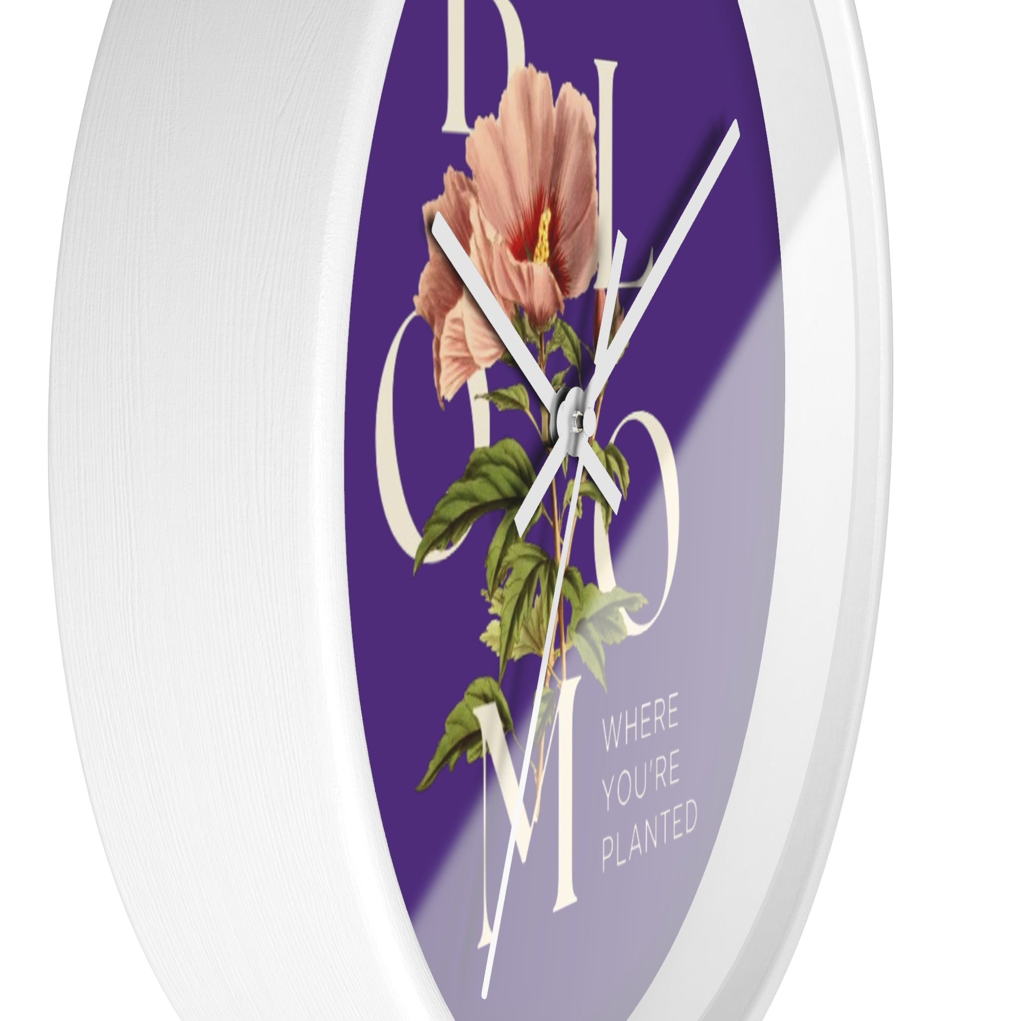 Purple Floral Wall Clock: Bloom Where You’re Planted, Home Decor, Gifts for Plant Lovers, Motivational Wall Art, Modern Timepiece, Flower Design