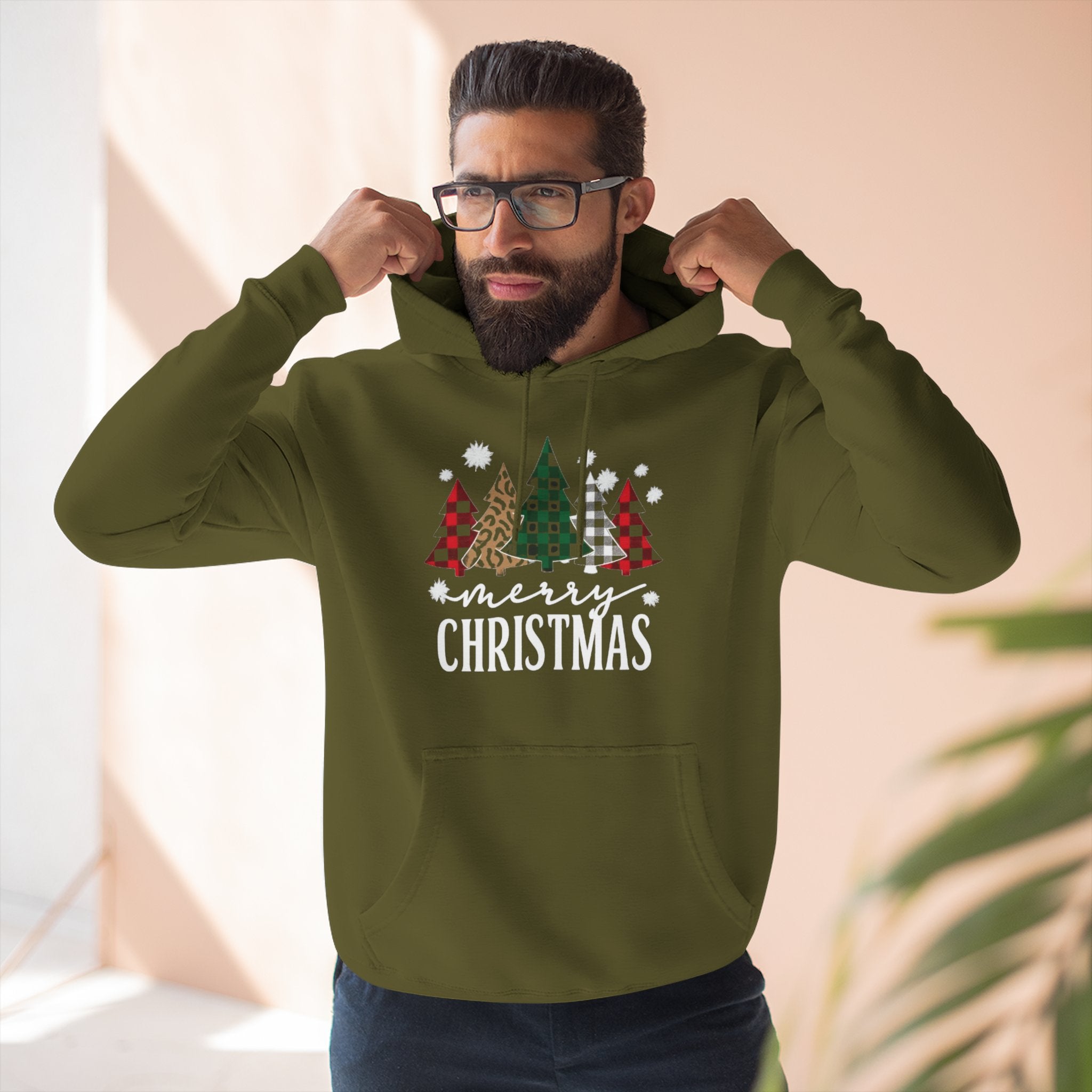 Merry Christmas Three-Panel Fleece Hoodie, Holiday Sweatshirt, Winter Wear, Cozy Gift, Christmas Apparel, Festive Hoodie