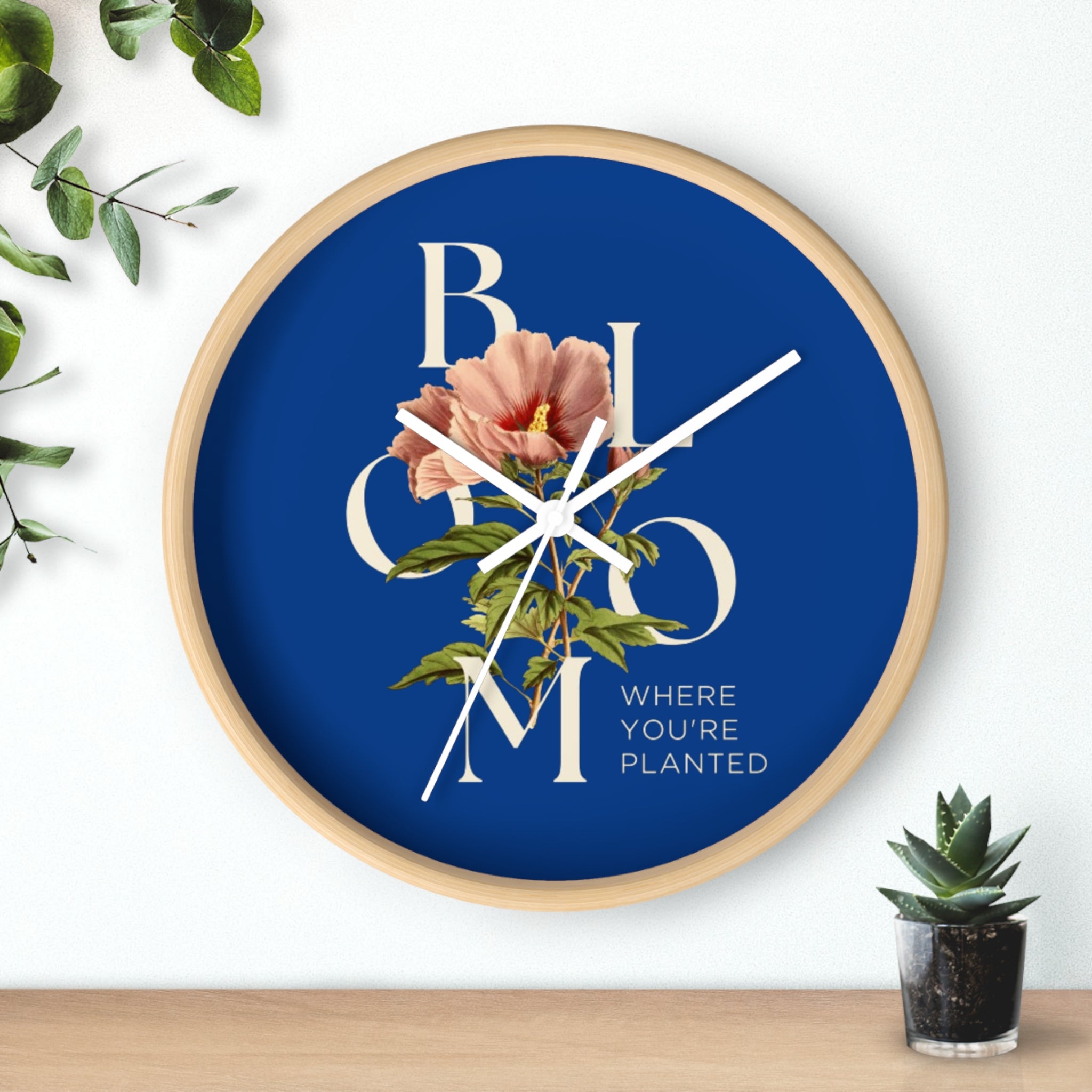Blue Floral Wall Clock: Bloom Where You’re Planted, Home Decor, Gifts for Plant Lovers, Motivational Wall Art, Modern Timepiece, Flower Design
