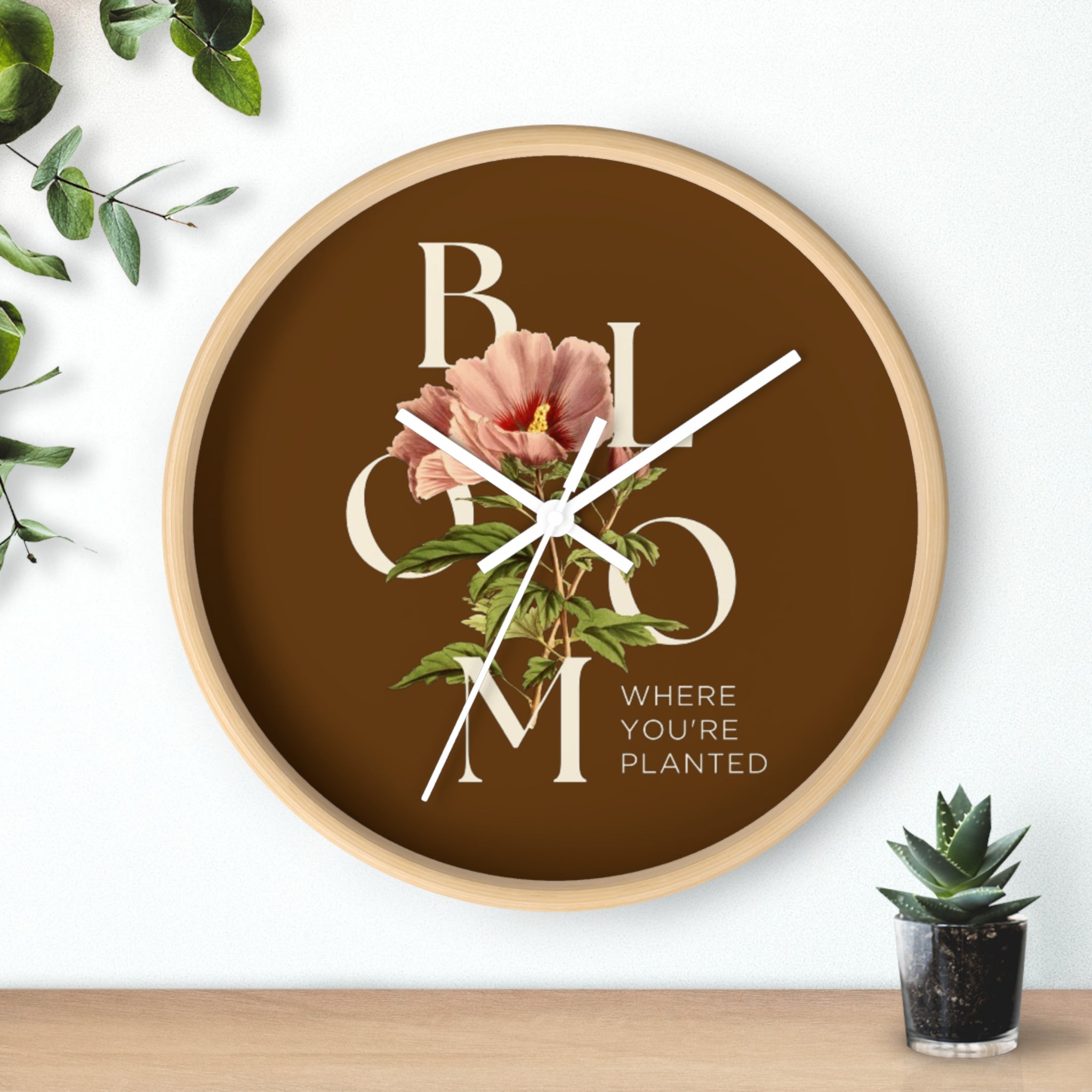 Brown Floral Wall Clock: Bloom Where You’re Planted, Home Decor, Gifts for Plant Lovers, Motivational Wall Art, Modern Timepiece, Flower Design