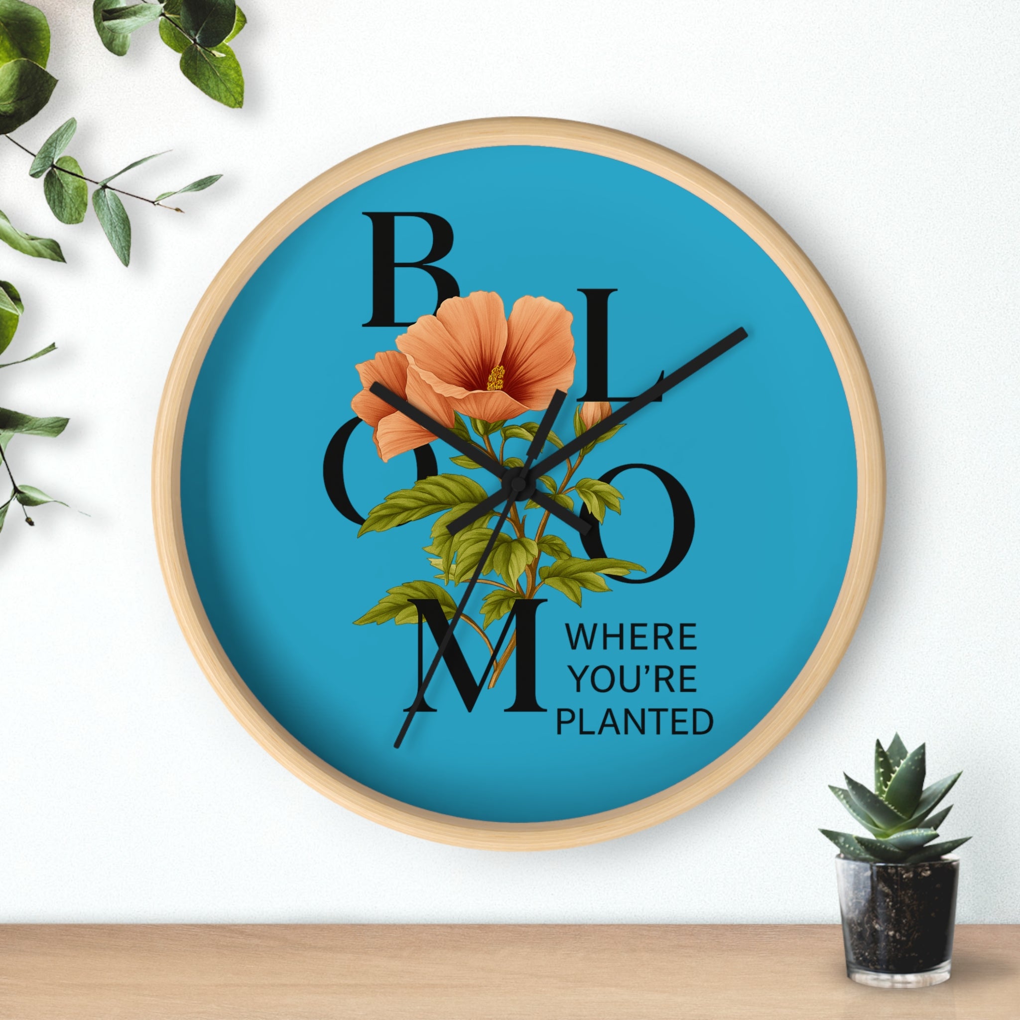 Turquoise Bloom Where You're Planted Wall Clock, Floral Home Decor, Botanical Gift, Inspirational Wall Art, Modern Timepiece