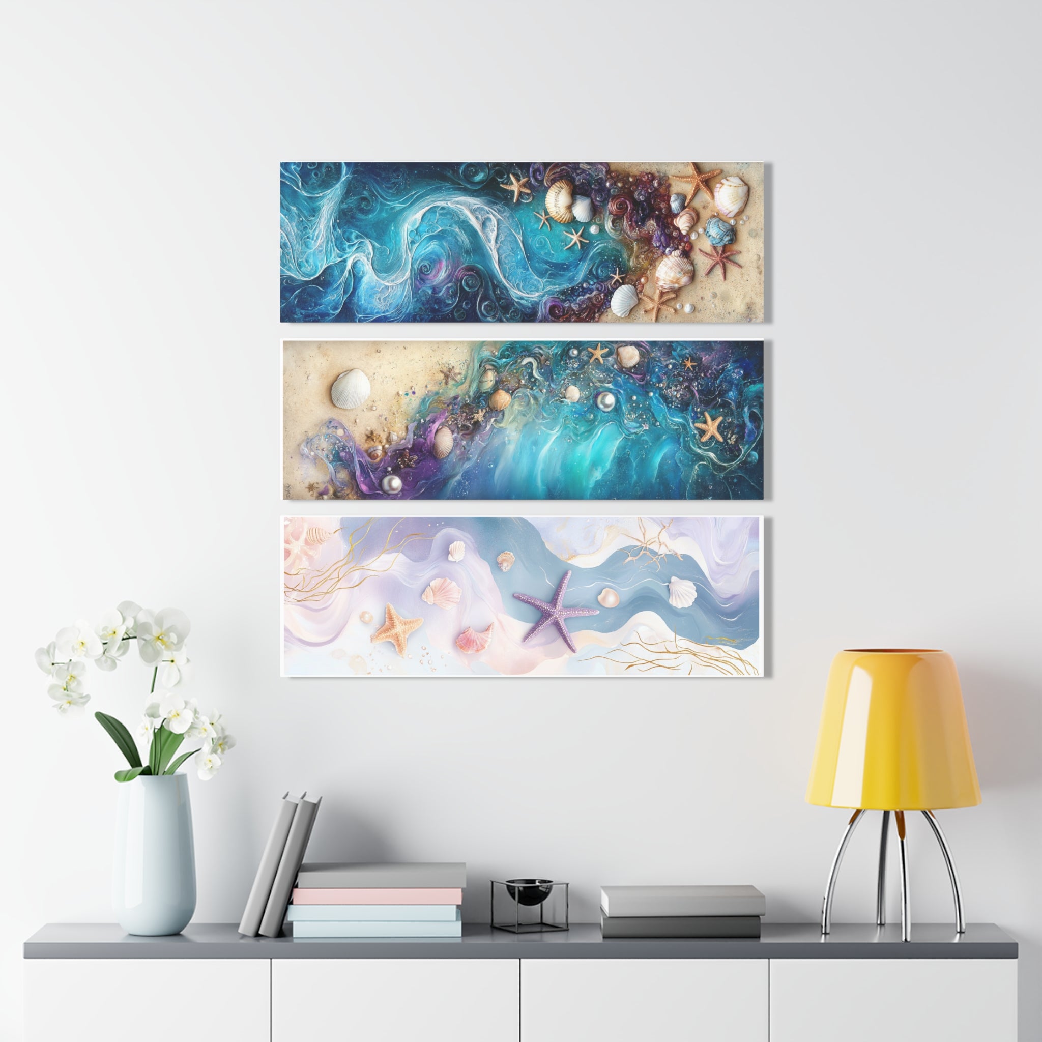 Coastal Triptych Acrylic Prints - Beach Shells & Ocean Vibes Decor