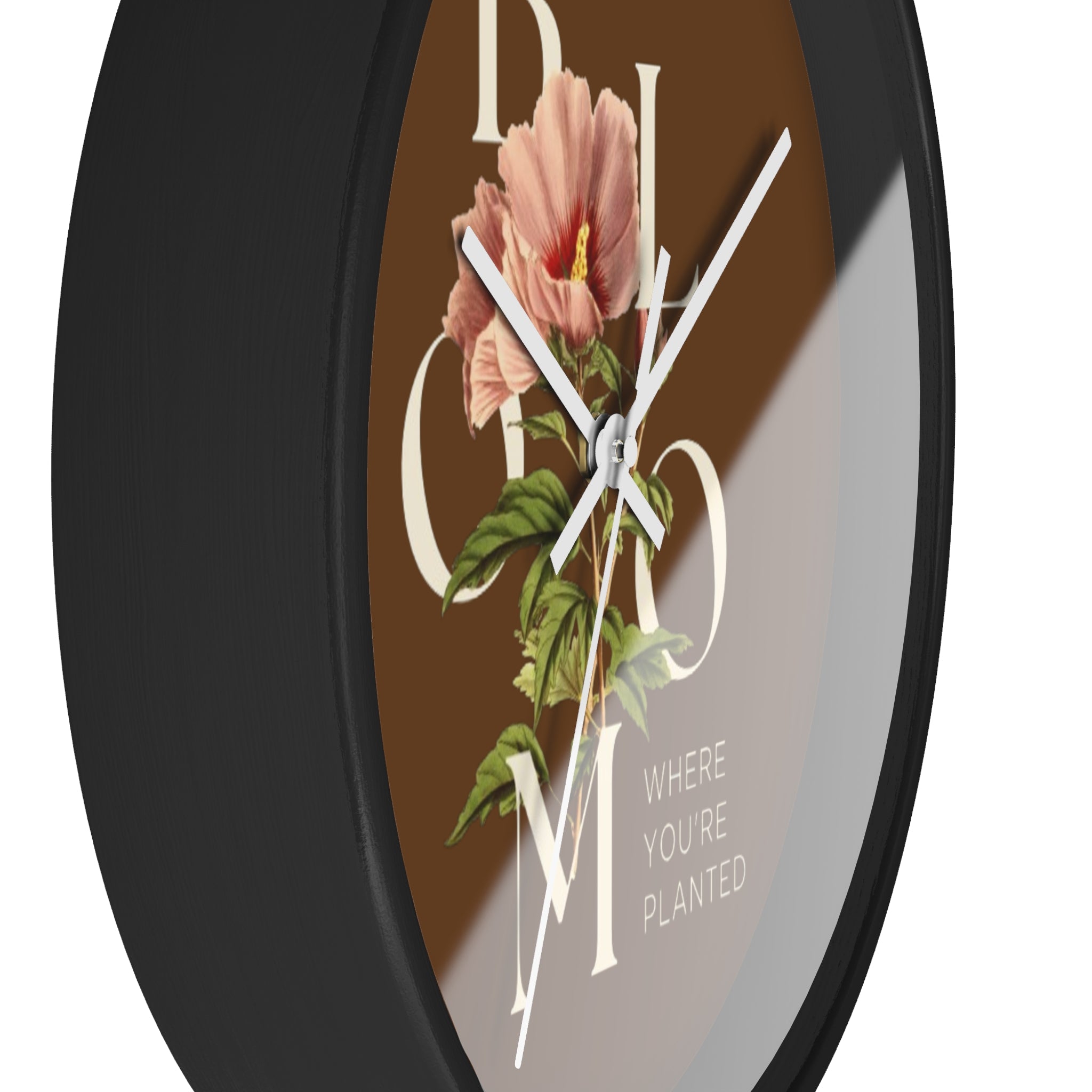 Brown Floral Wall Clock: Bloom Where You’re Planted, Home Decor, Gifts for Plant Lovers, Motivational Wall Art, Modern Timepiece, Flower Design