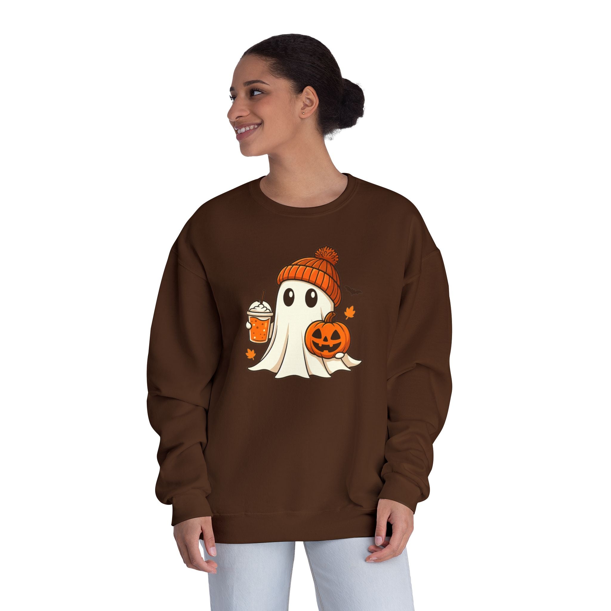 Cozy Halloween Sweatshirt, Ghost Design Crewneck, Fall Fashion, Unisex Sweater for Spooky Season, Pumpkin & Ghost Apparel