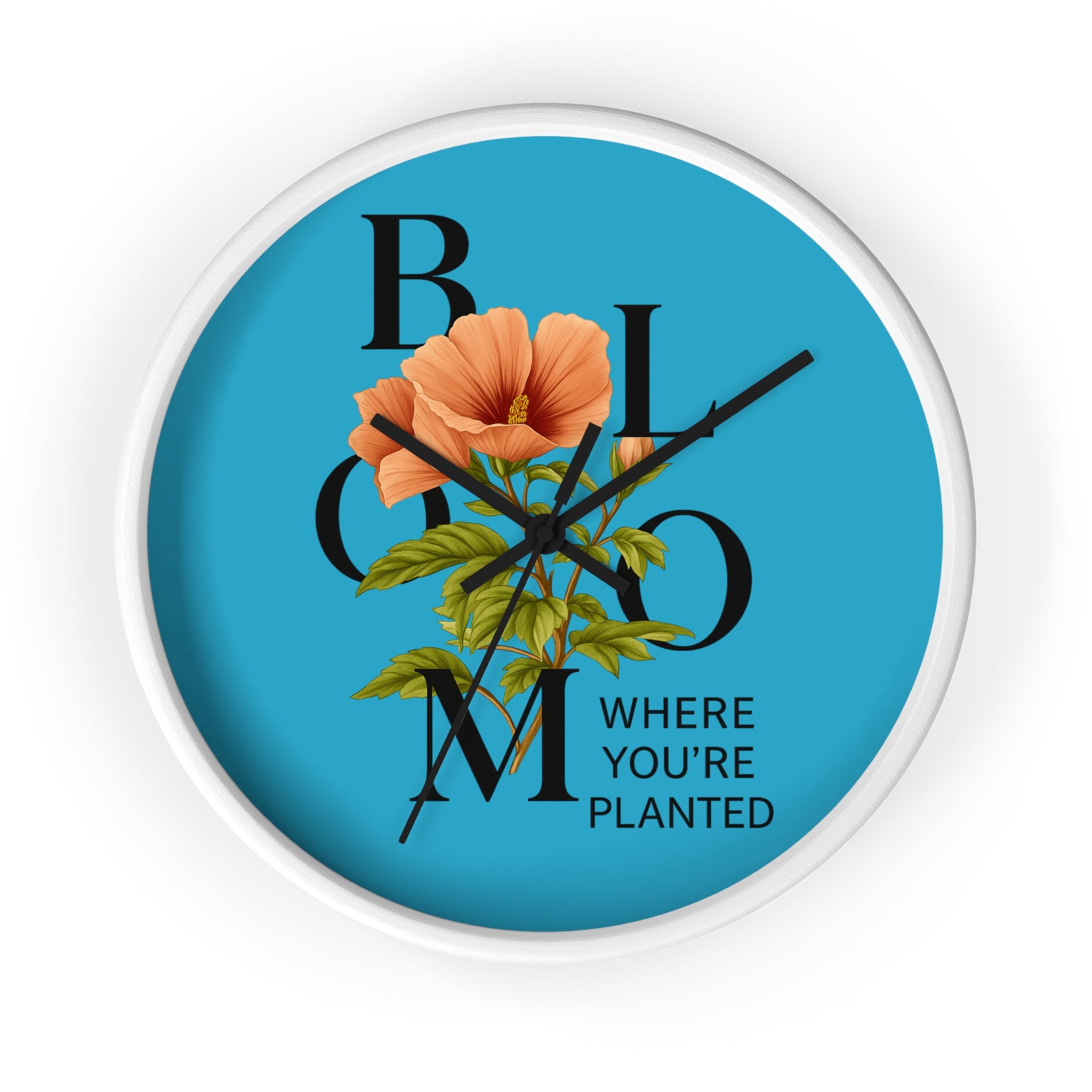 Turquoise Bloom Where You're Planted Wall Clock, Floral Home Decor, Botanical Gift, Inspirational Wall Art, Modern Timepiece