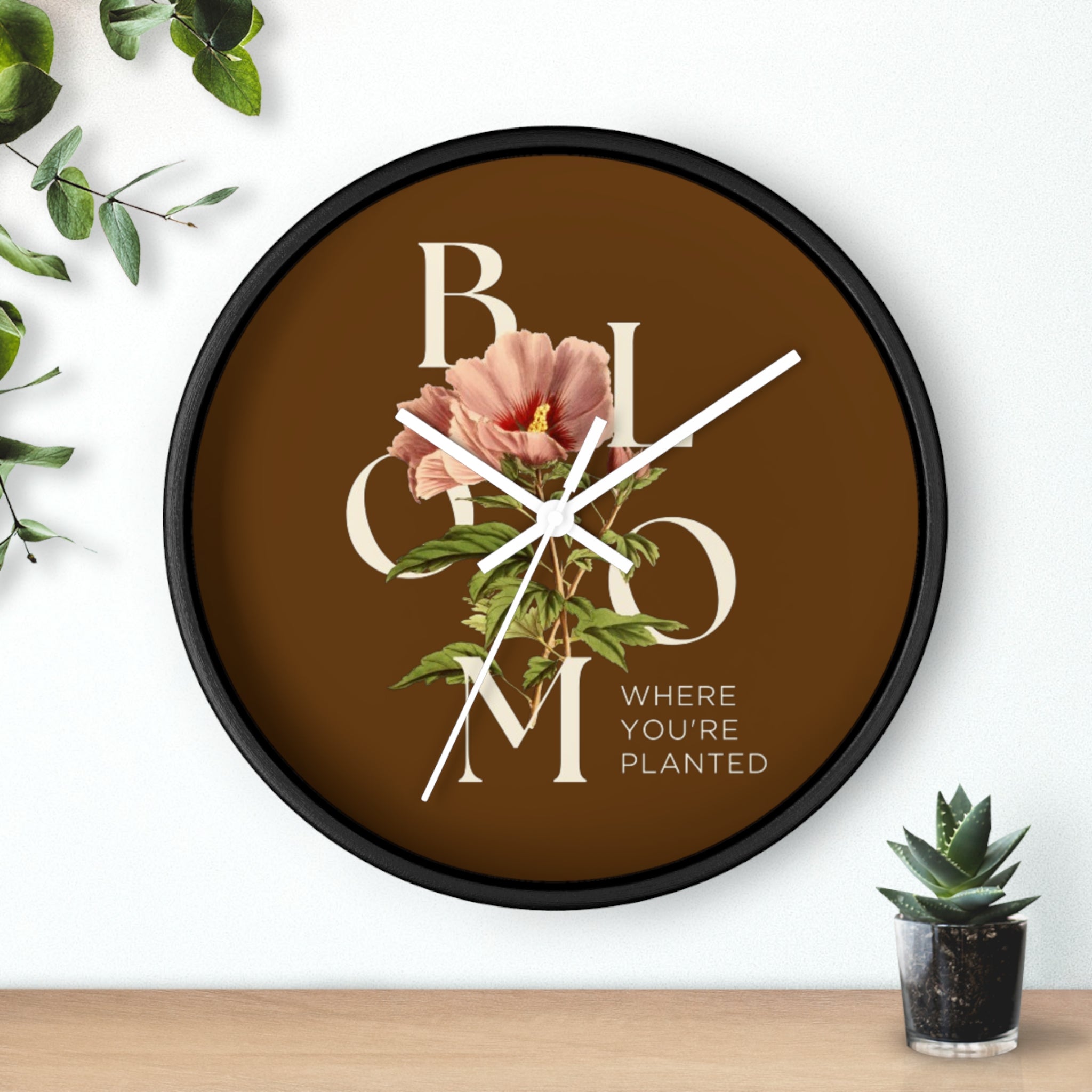 Brown Floral Wall Clock: Bloom Where You’re Planted, Home Decor, Gifts for Plant Lovers, Motivational Wall Art, Modern Timepiece, Flower Design