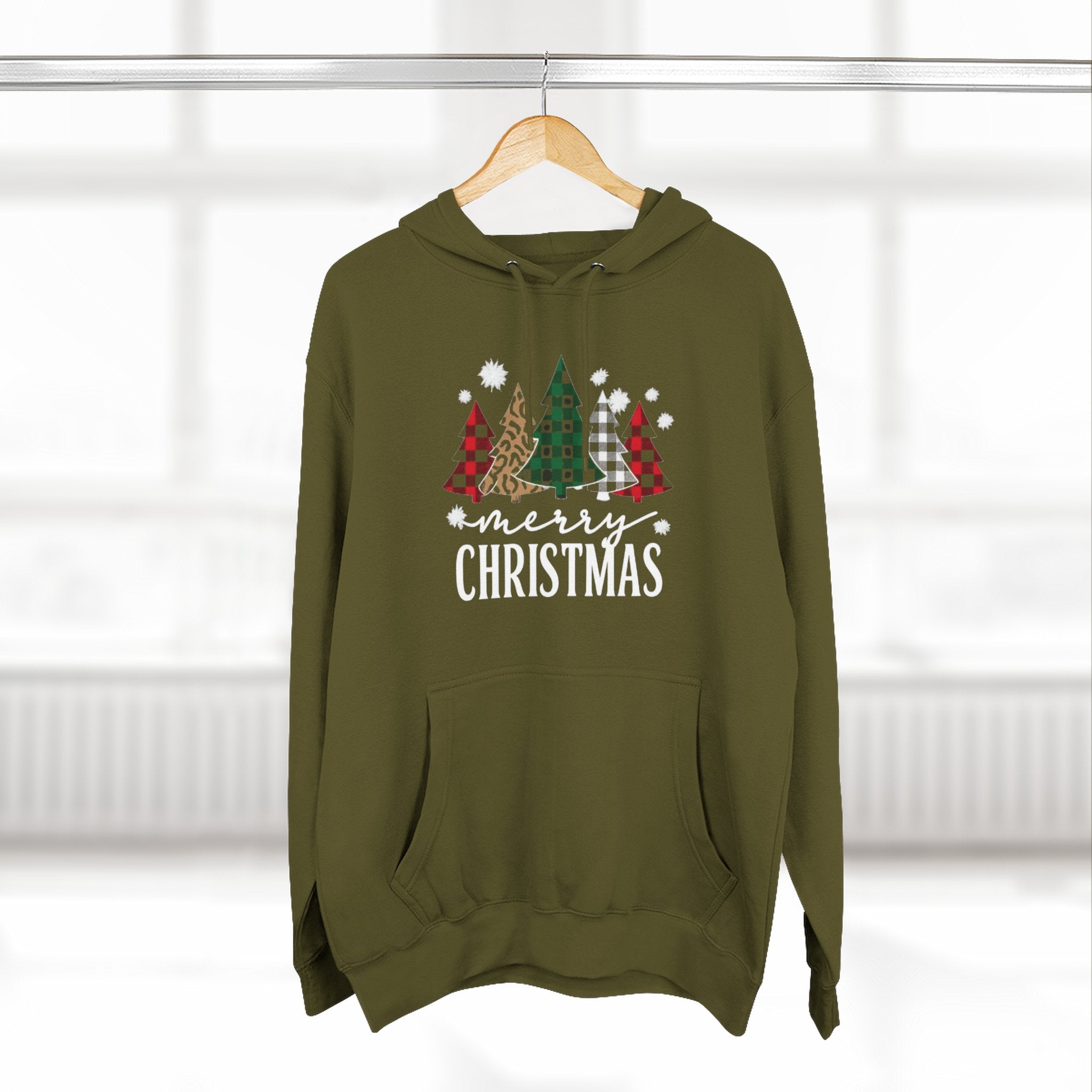 Merry Christmas Three-Panel Fleece Hoodie, Holiday Sweatshirt, Winter Wear, Cozy Gift, Christmas Apparel, Festive Hoodie