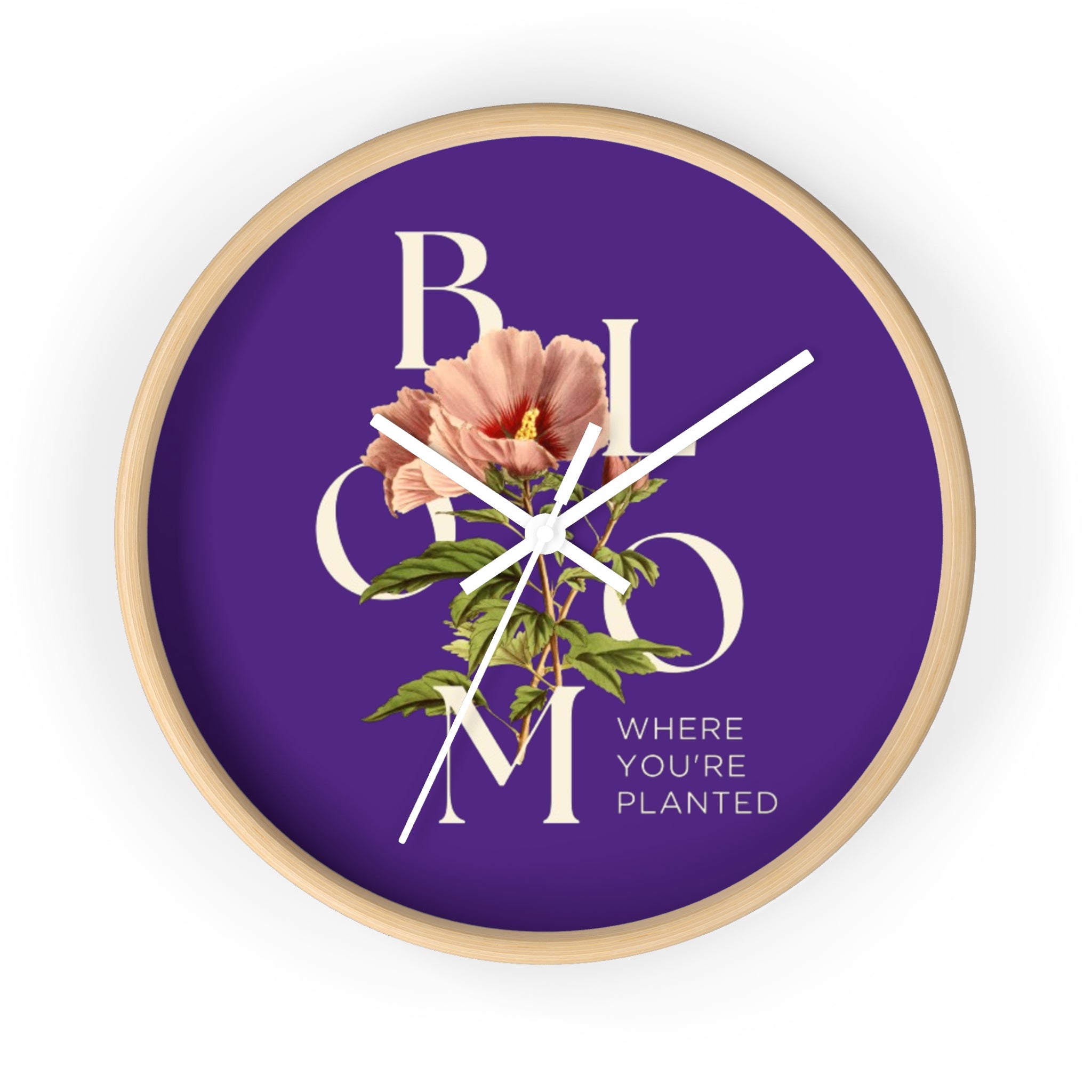 Purple Floral Wall Clock: Bloom Where You’re Planted, Home Decor, Gifts for Plant Lovers, Motivational Wall Art, Modern Timepiece, Flower Design