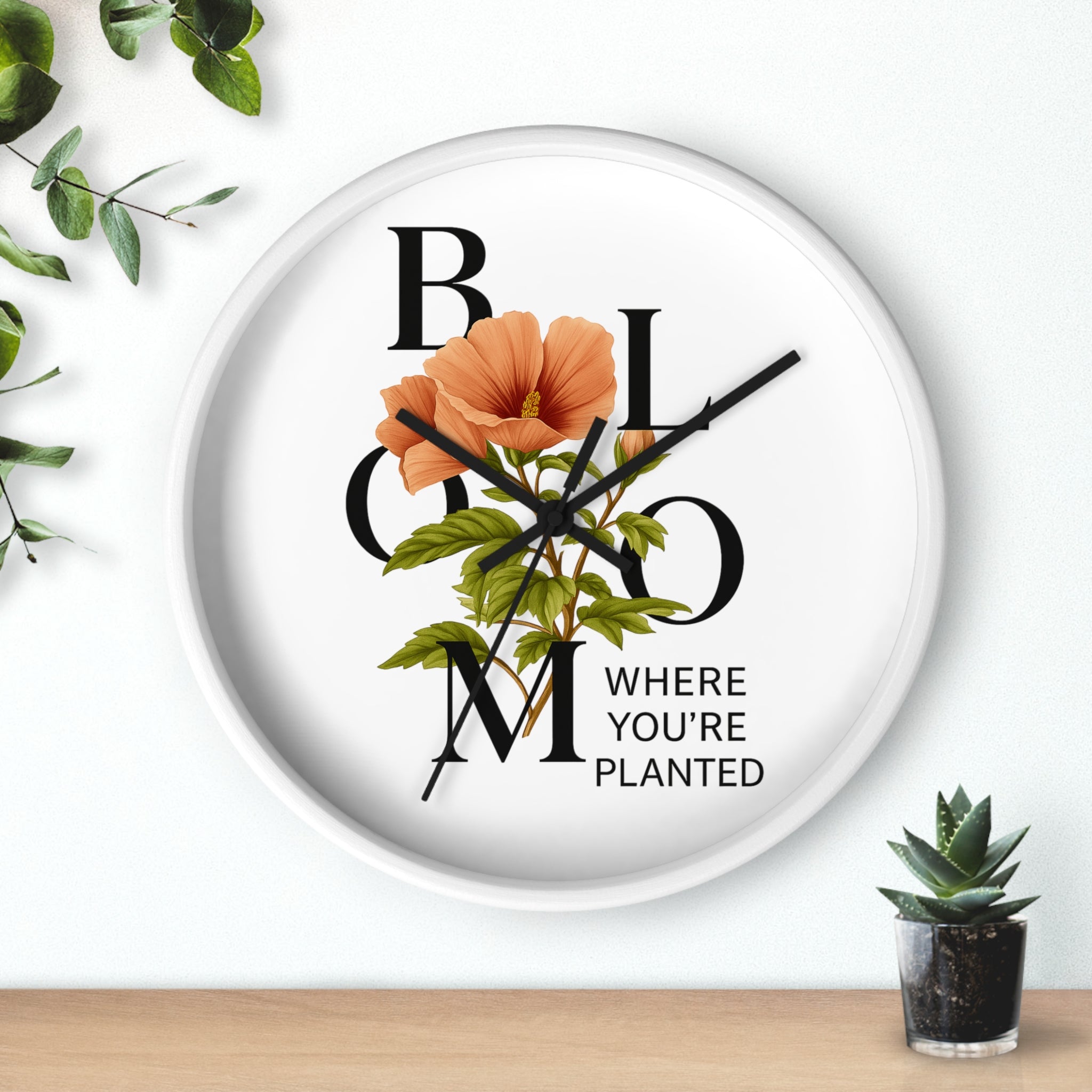 Bloom Where You're Planted Wall Clock, Floral Home Decor, Botanical Gift, Inspirational Wall Art, Modern Timepiece