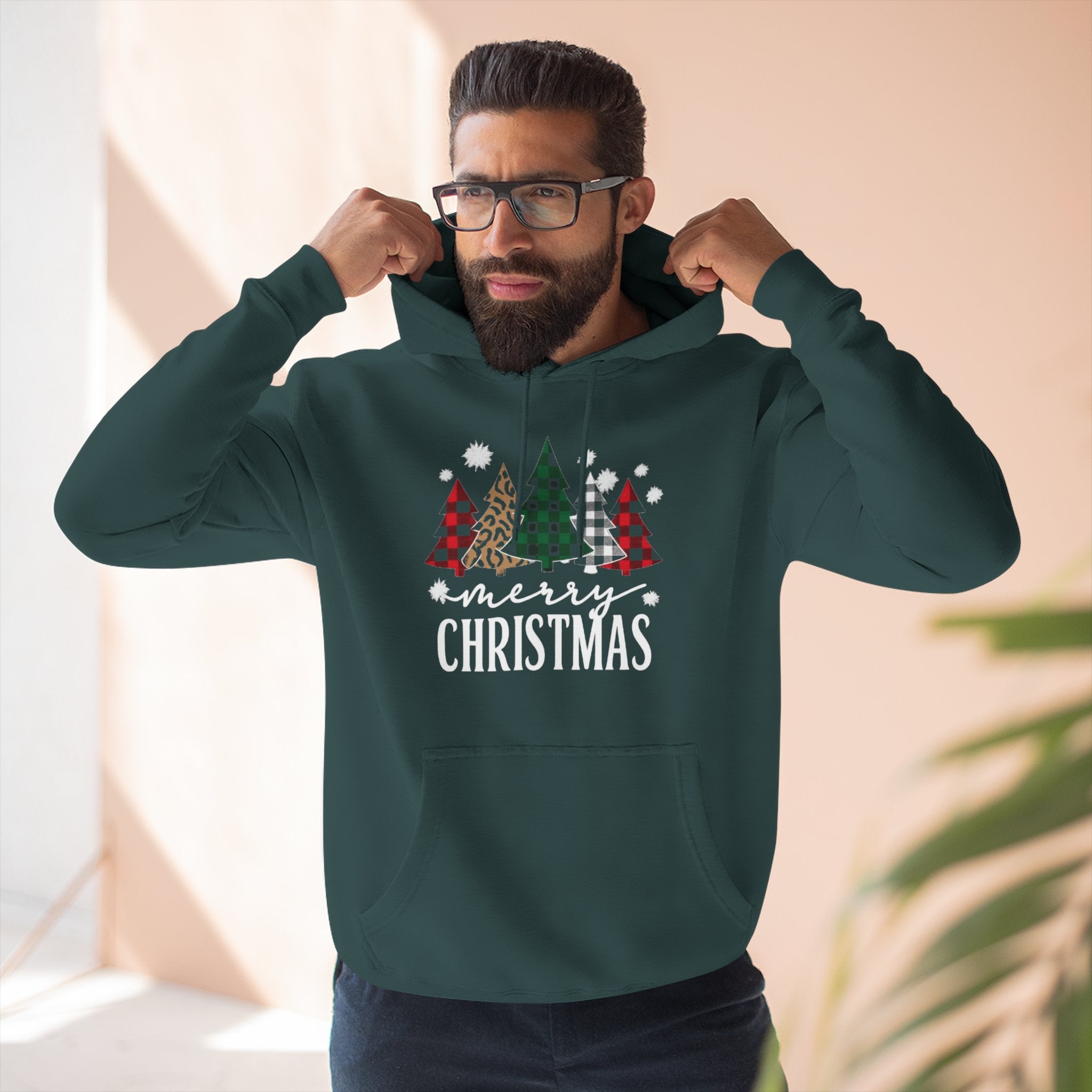 Merry Christmas Three-Panel Fleece Hoodie, Holiday Sweatshirt, Winter Wear, Cozy Gift, Christmas Apparel, Festive Hoodie