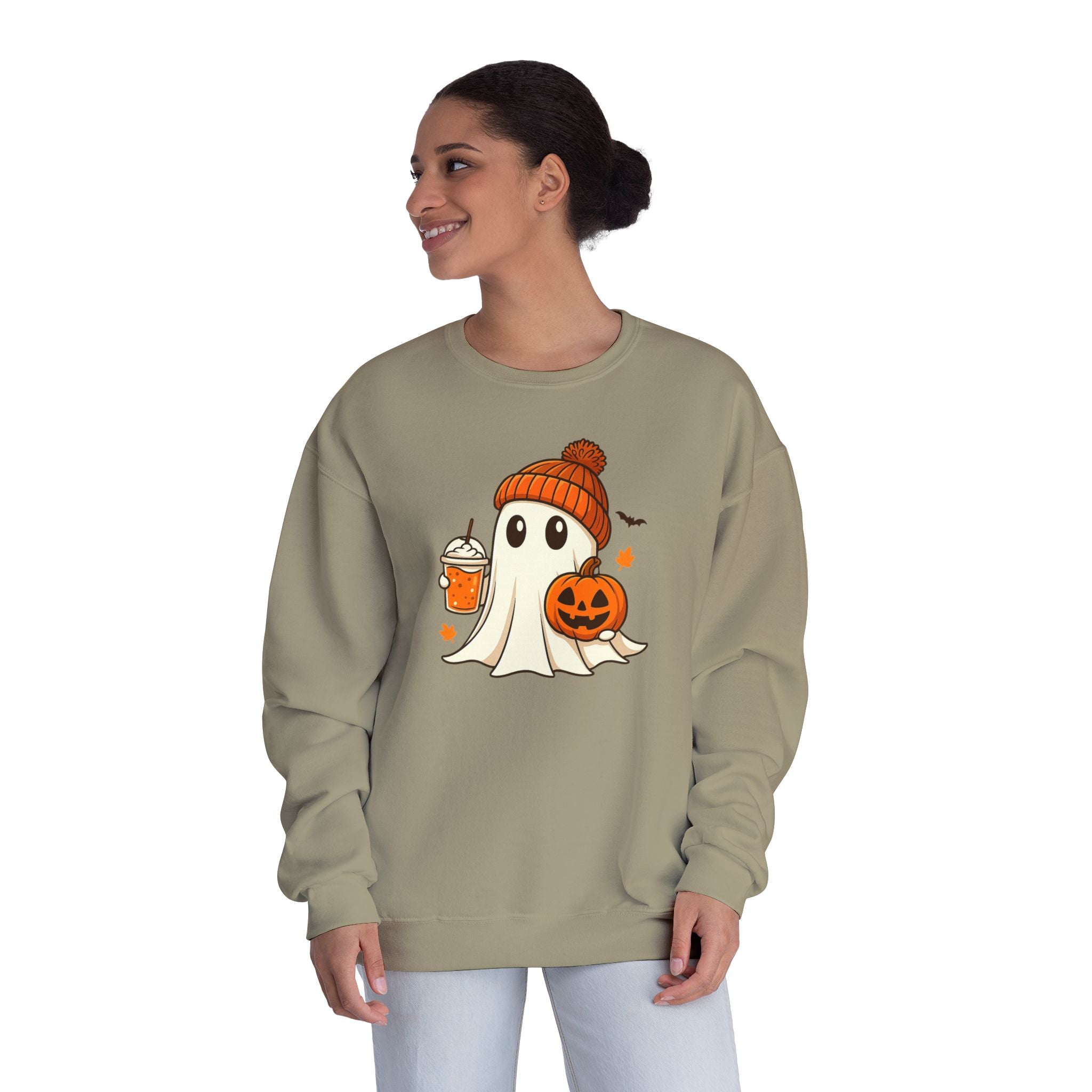 Cozy Halloween Sweatshirt, Ghost Design Crewneck, Fall Fashion, Unisex Sweater for Spooky Season, Pumpkin & Ghost Apparel