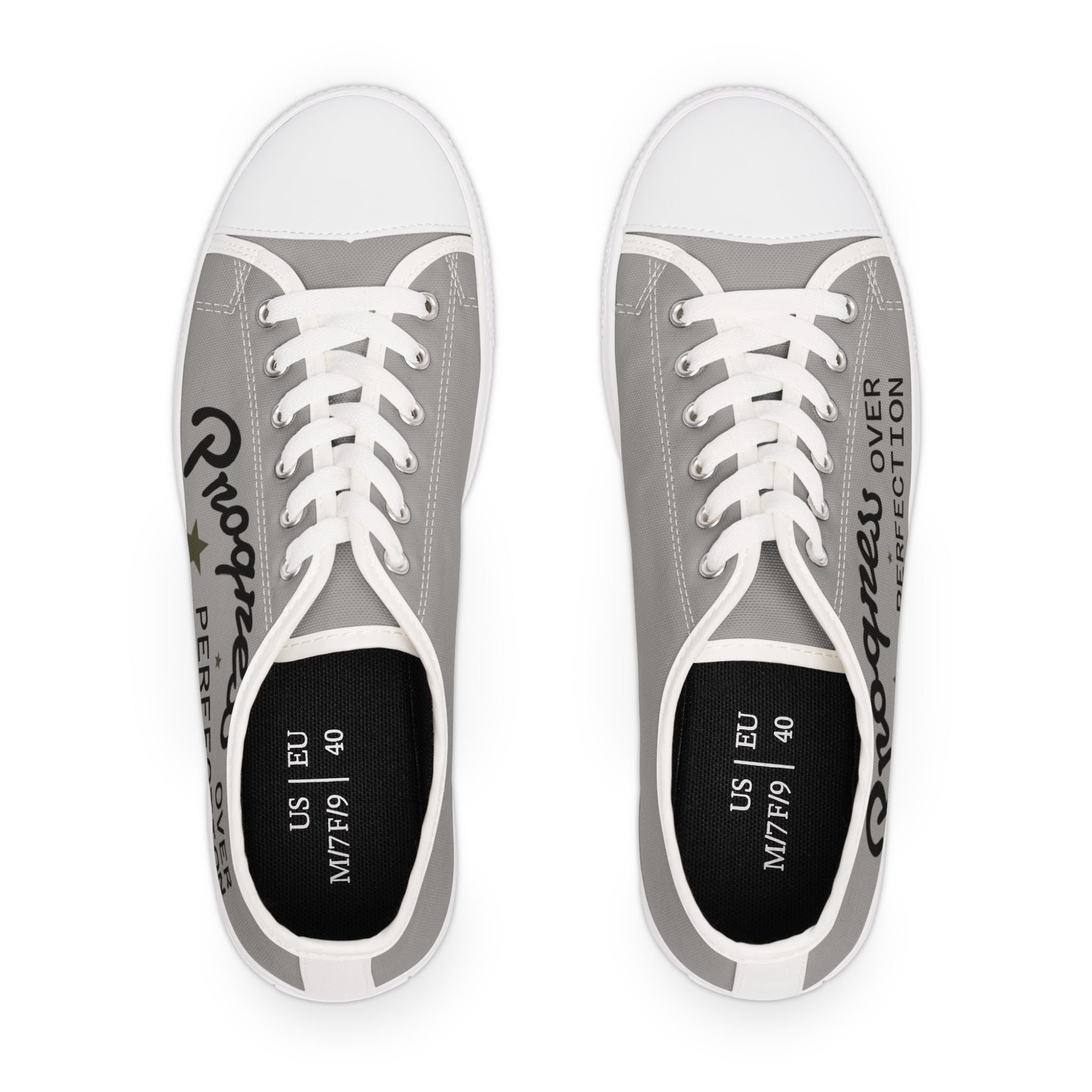 Grey Stylish Women's Low Top Sneakers **Progress over Perfection** - Casual, Comfortable, Everyday Wear, Perfect for Summer, Striped Sneakers, Trendy Footwear **Progress Over Perfection"