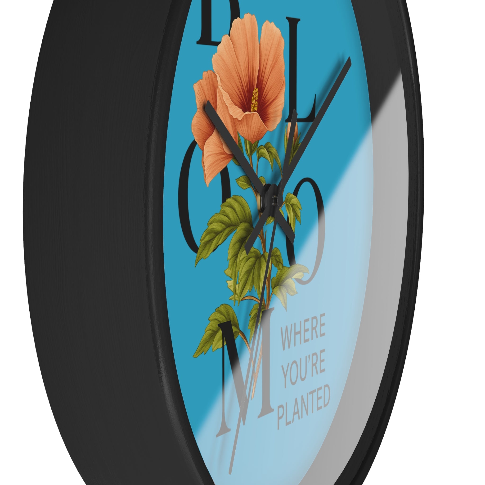 Turquoise Bloom Where You're Planted Wall Clock, Floral Home Decor, Botanical Gift, Inspirational Wall Art, Modern Timepiece