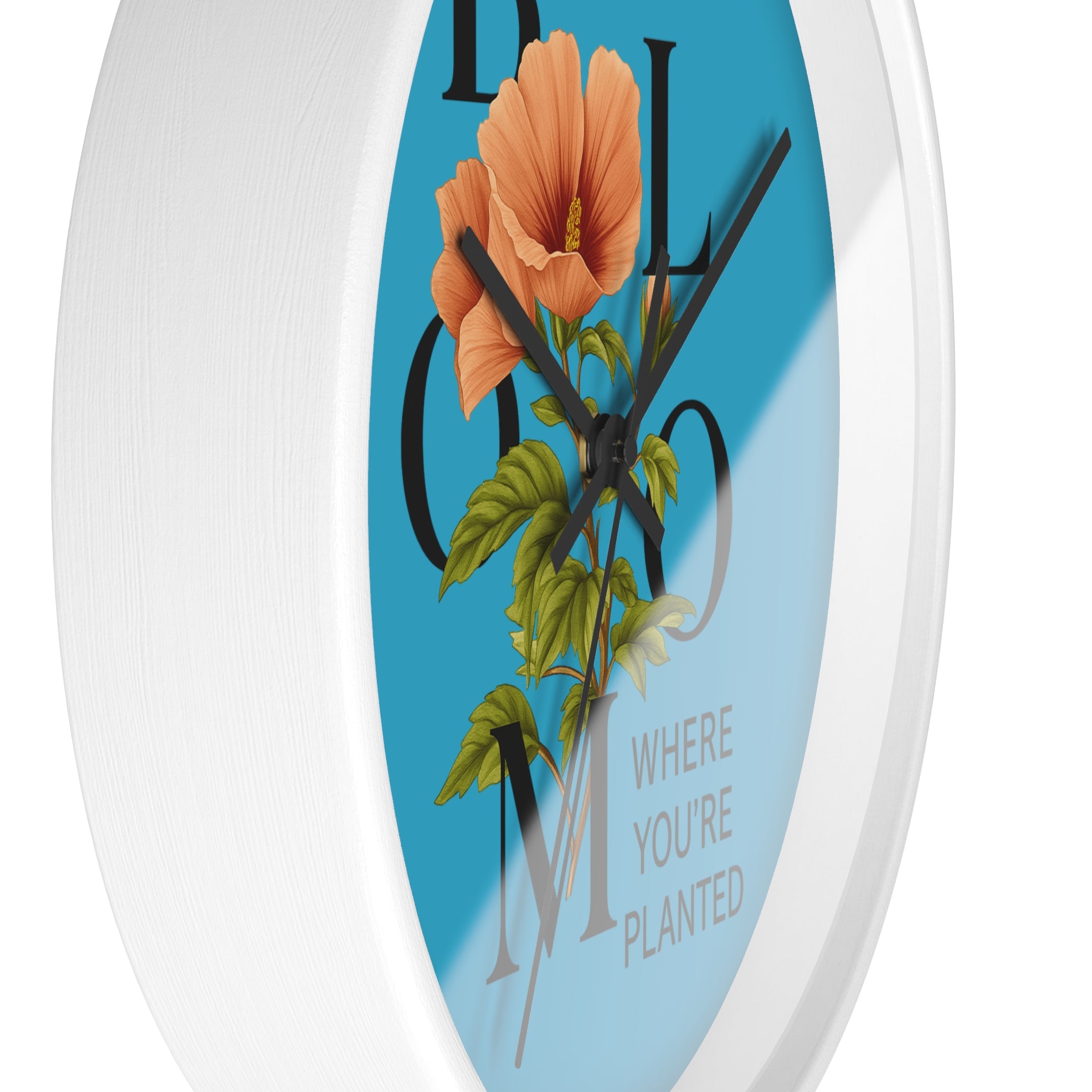 Turquoise Bloom Where You're Planted Wall Clock, Floral Home Decor, Botanical Gift, Inspirational Wall Art, Modern Timepiece