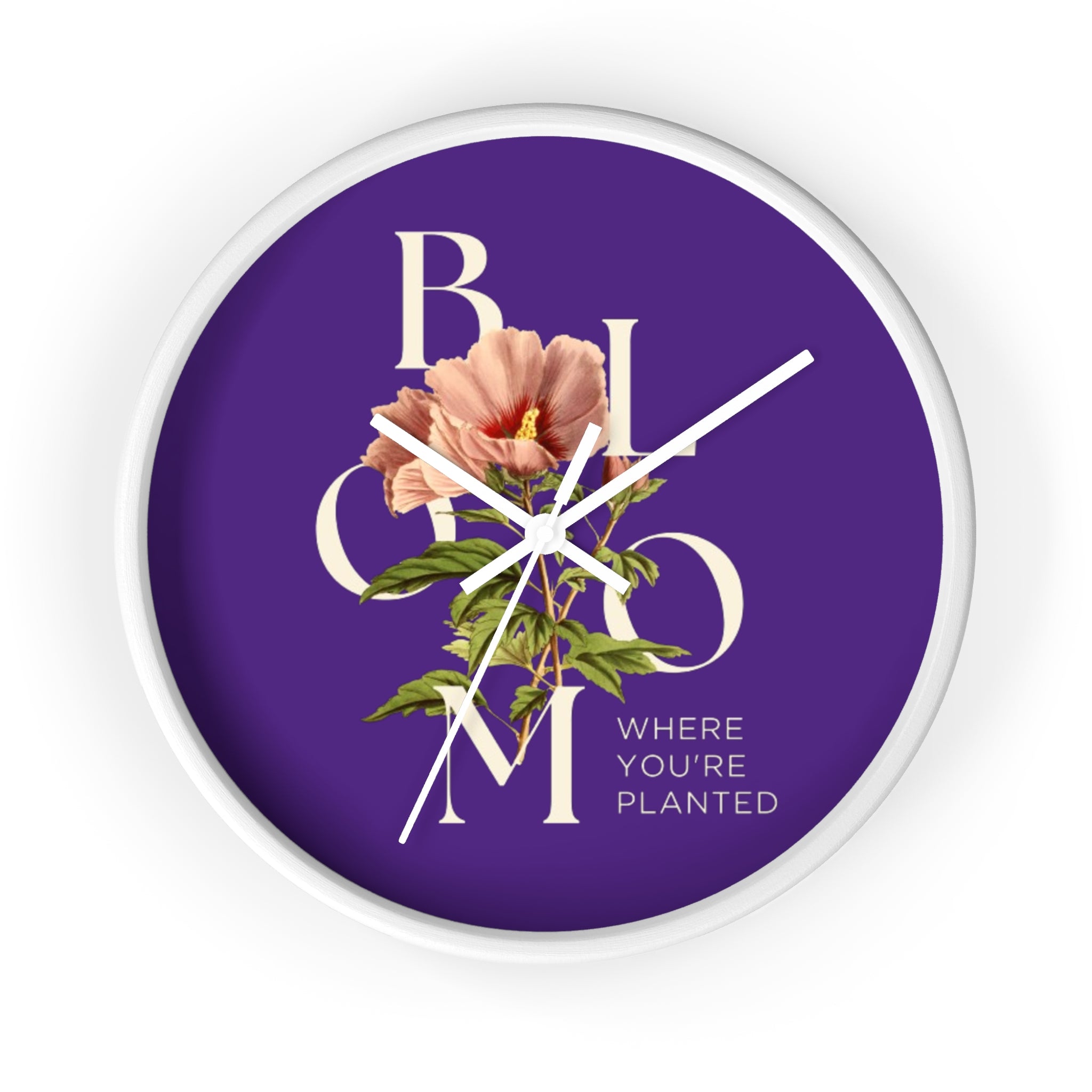 Purple Floral Wall Clock: Bloom Where You’re Planted, Home Decor, Gifts for Plant Lovers, Motivational Wall Art, Modern Timepiece, Flower Design