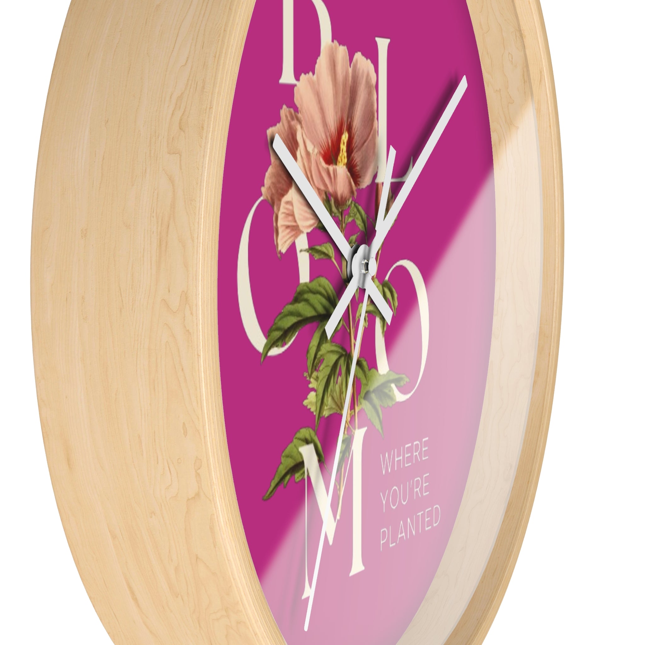 Pink Floral Wall Clock: Bloom Where You’re Planted, Home Decor, Gifts for Plant Lovers, Motivational Wall Art, Modern Timepiece, Flower Design